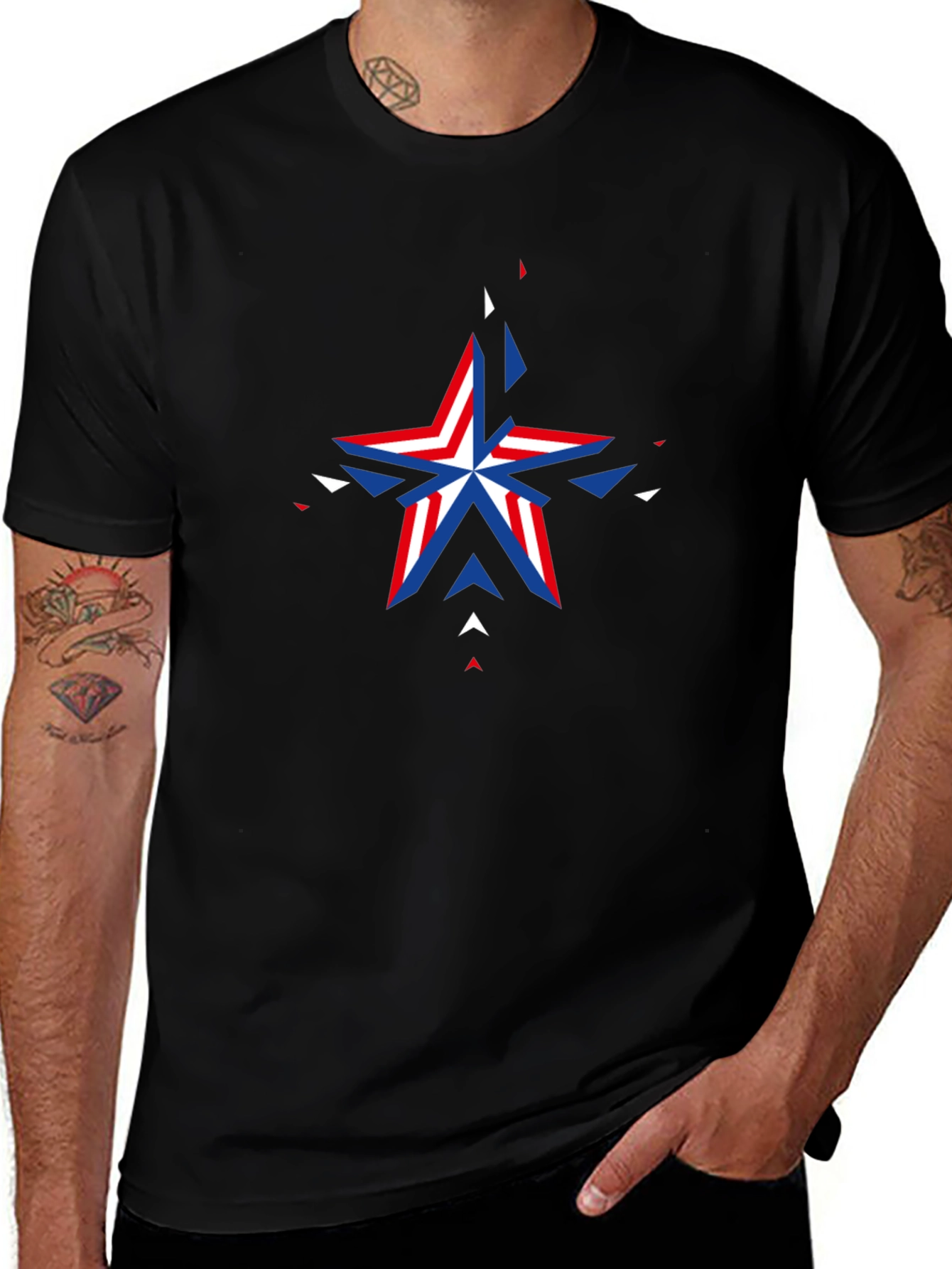 Geometric Patriotic Star Graphic Black T-Shirt