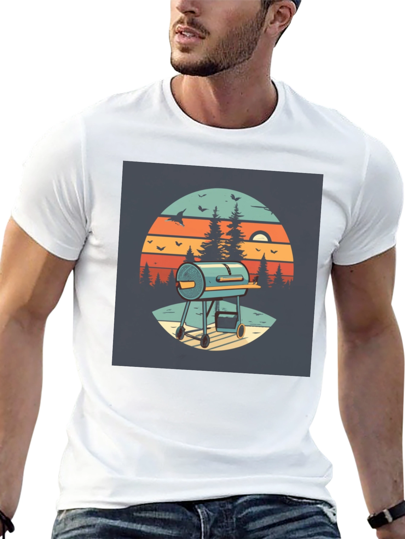 Retro BBQ Grill Sunset Graphic Tee