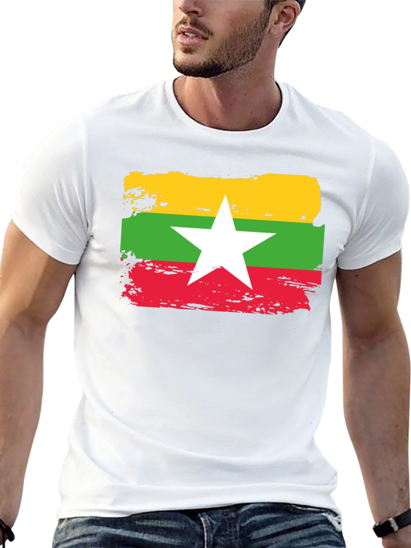 Myanmar Flag T-Shirt - Distressed Style