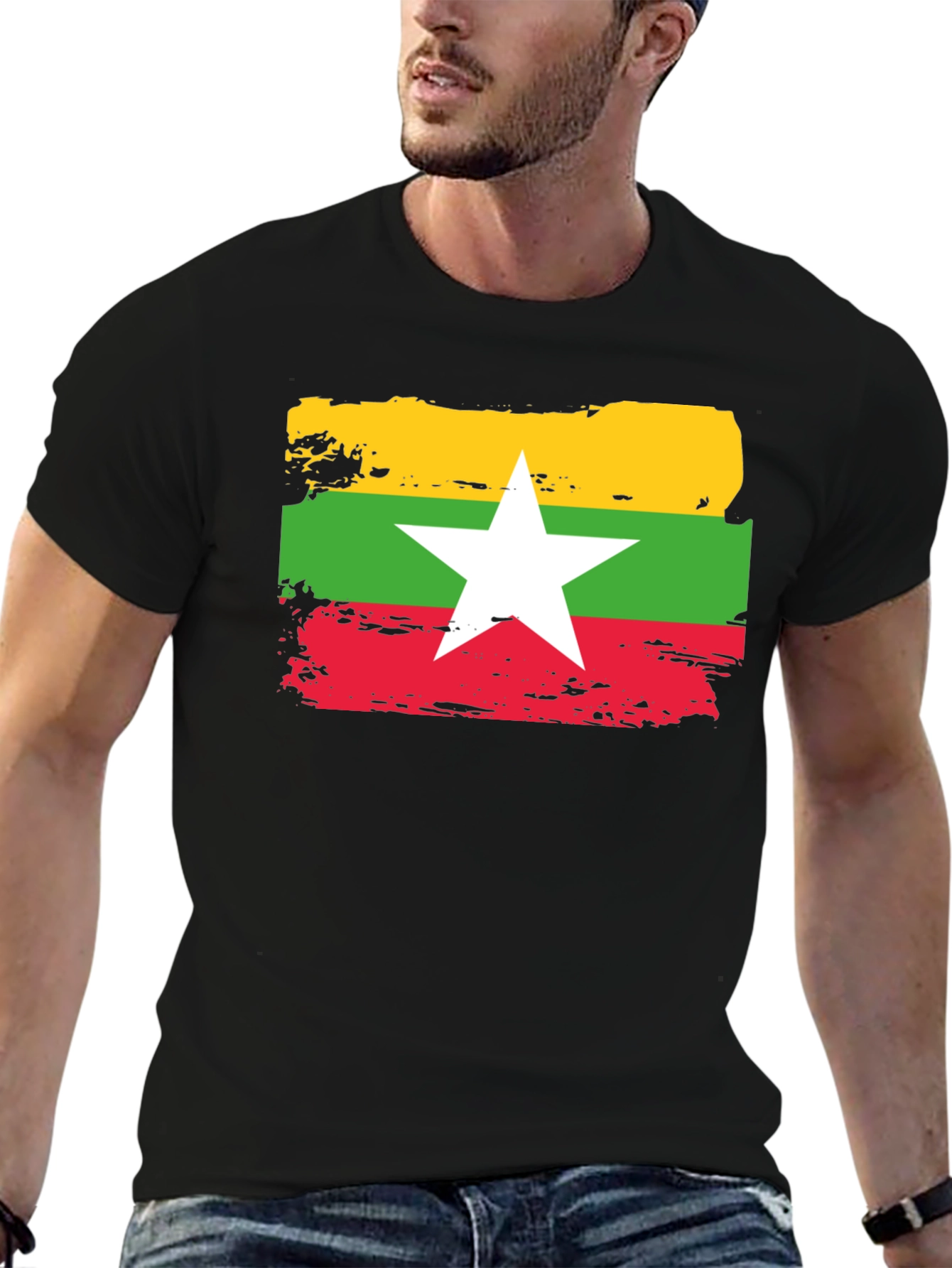 Myanmar Flag T-Shirt - Distressed Style