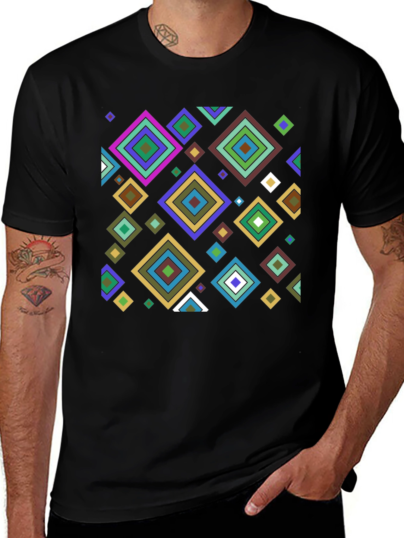 Geometric Diamond Pattern Black T-Shirt