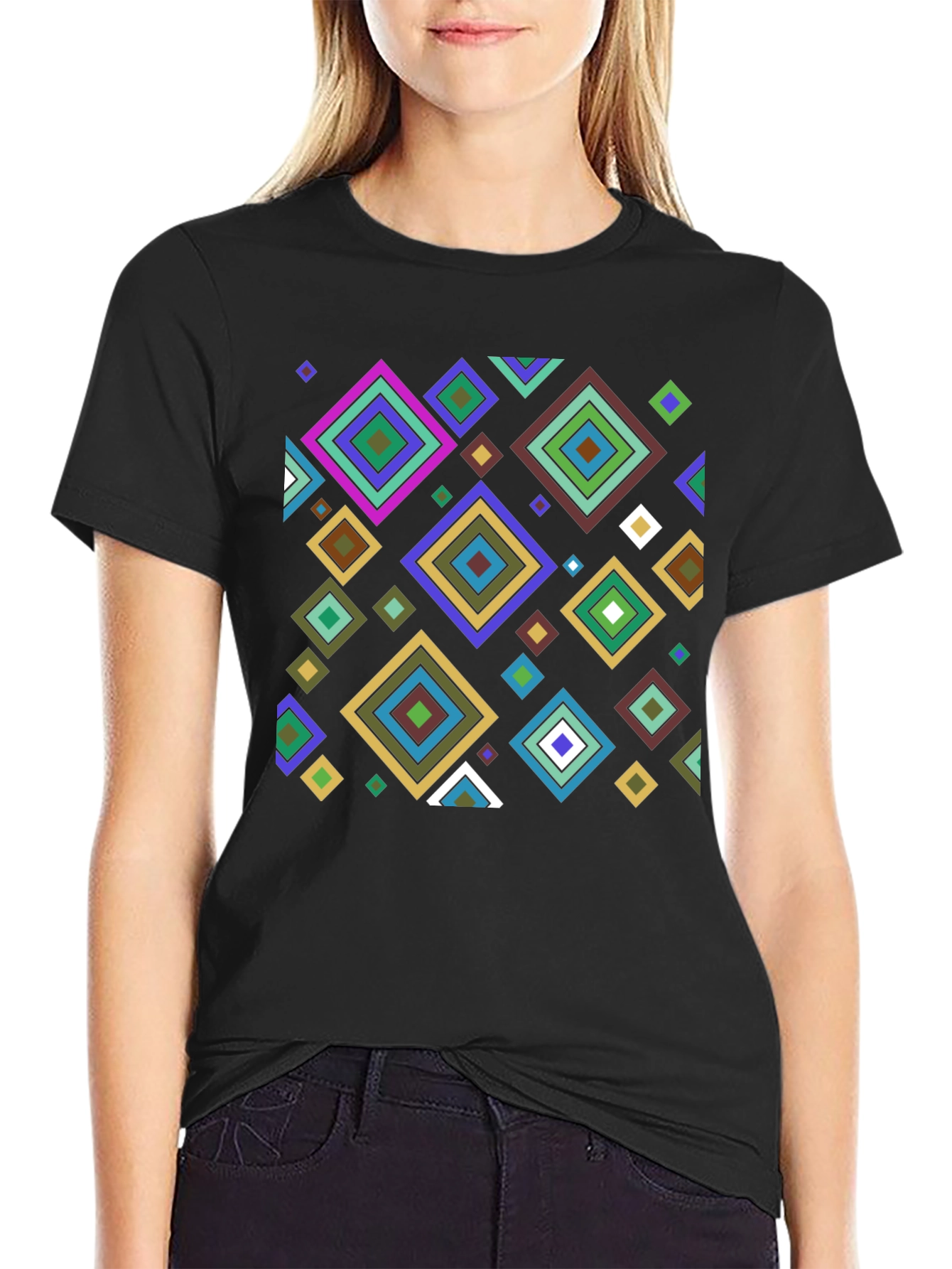 Geometric Diamond Pattern Black T-Shirt