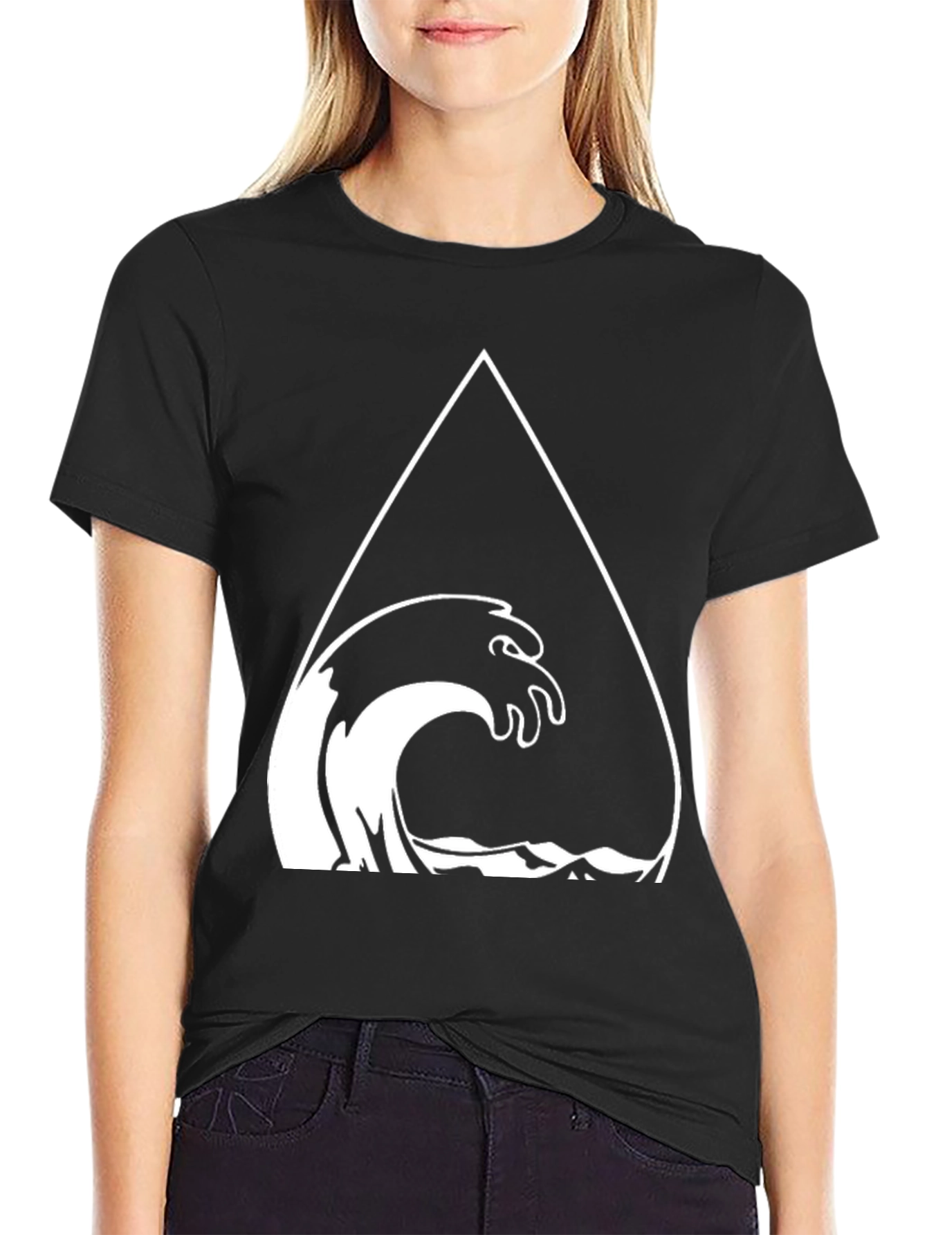Mens Black Graphic Tee - Wave Triangle Design