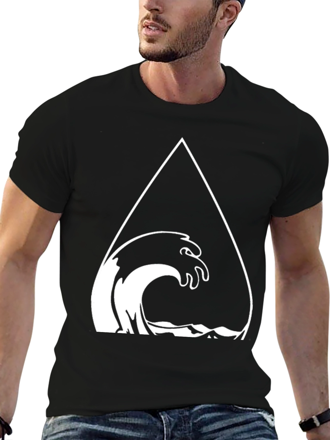 Mens Black Graphic Tee - Wave Triangle Design