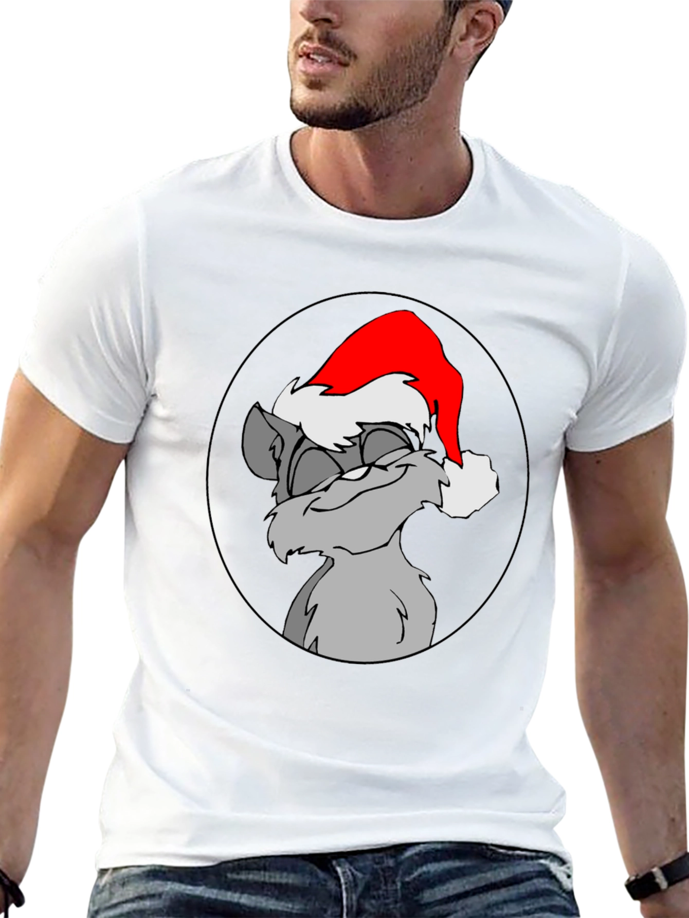 Festive Cartoon Cat Graphic Tee - Black