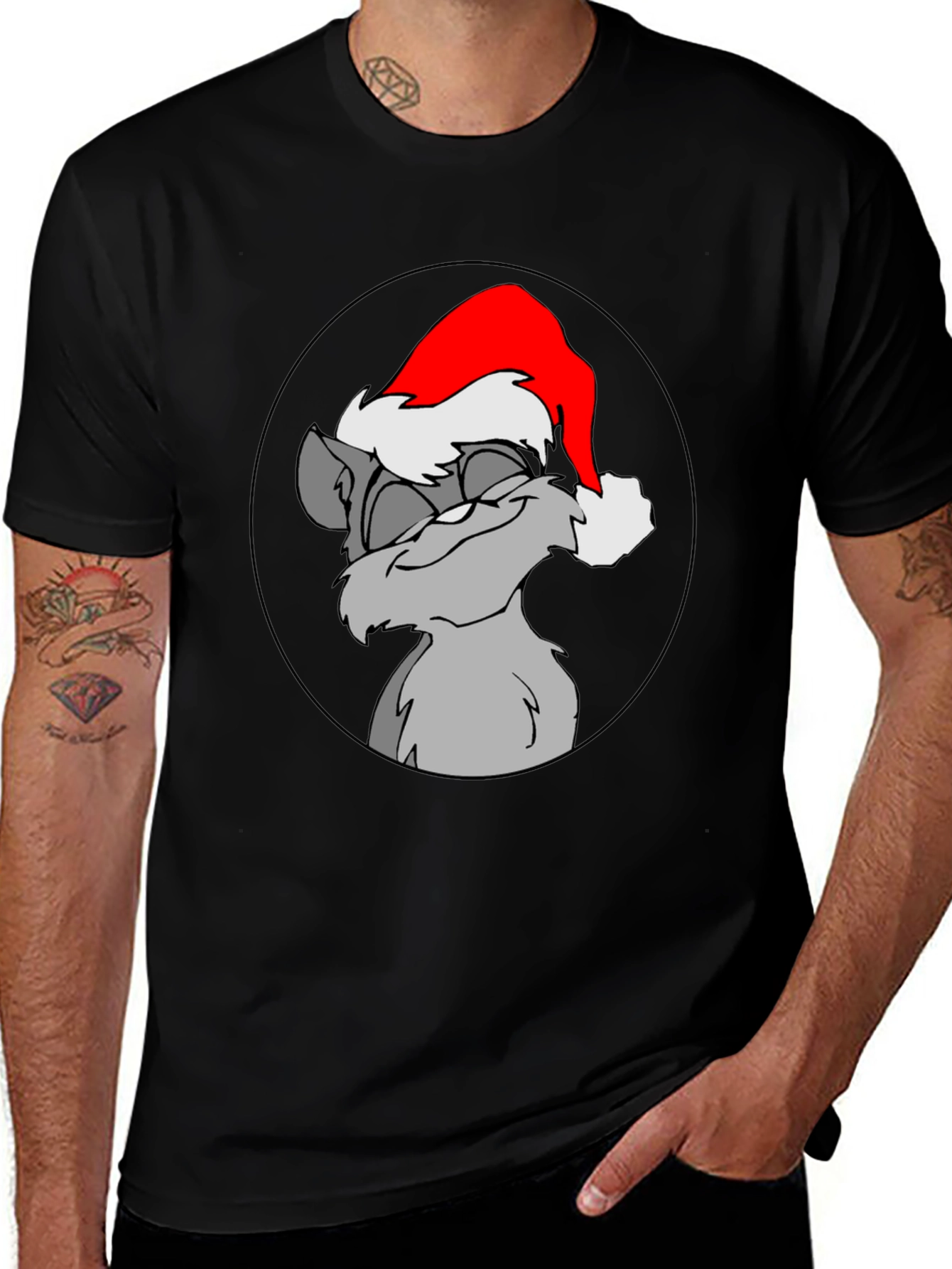 Festive Cartoon Cat Graphic Tee - Black