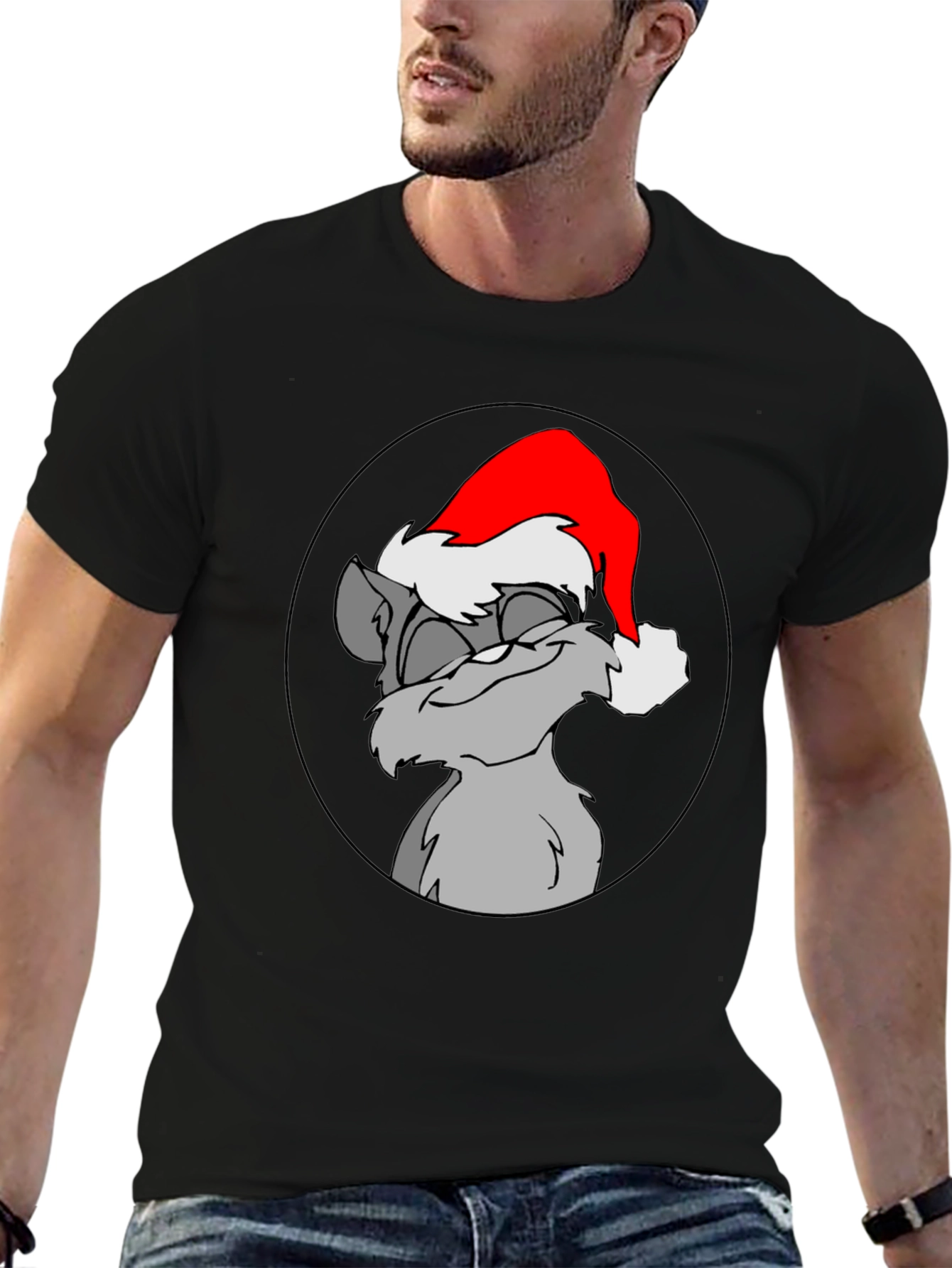 Festive Cartoon Cat Graphic Tee - Black