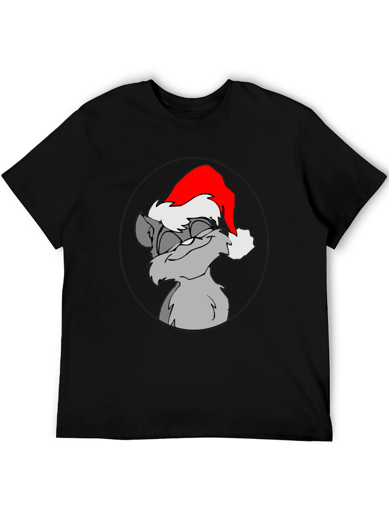 Festive Cartoon Cat Graphic Tee - Black