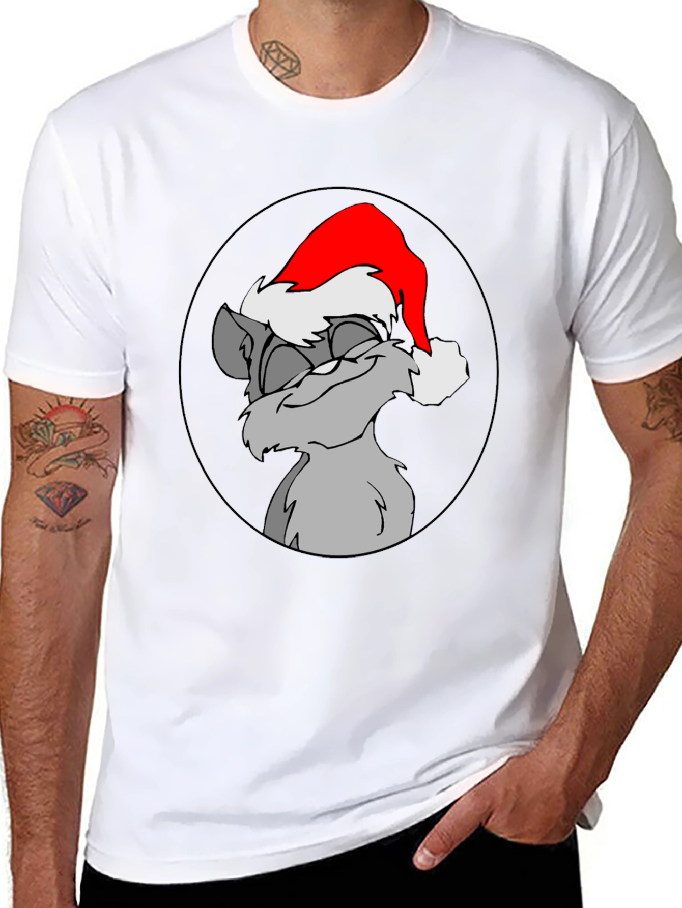 Festive Cartoon Cat Graphic Tee - Black