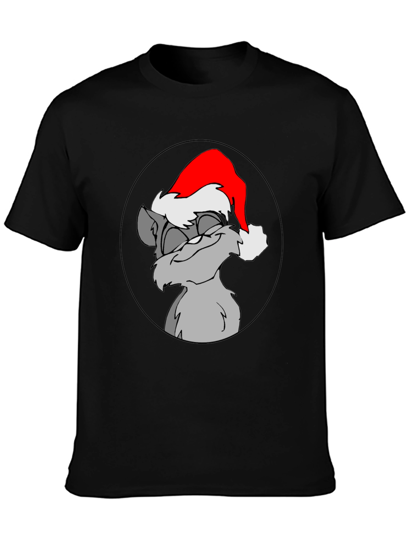 Festive Cartoon Cat Graphic Tee - Black