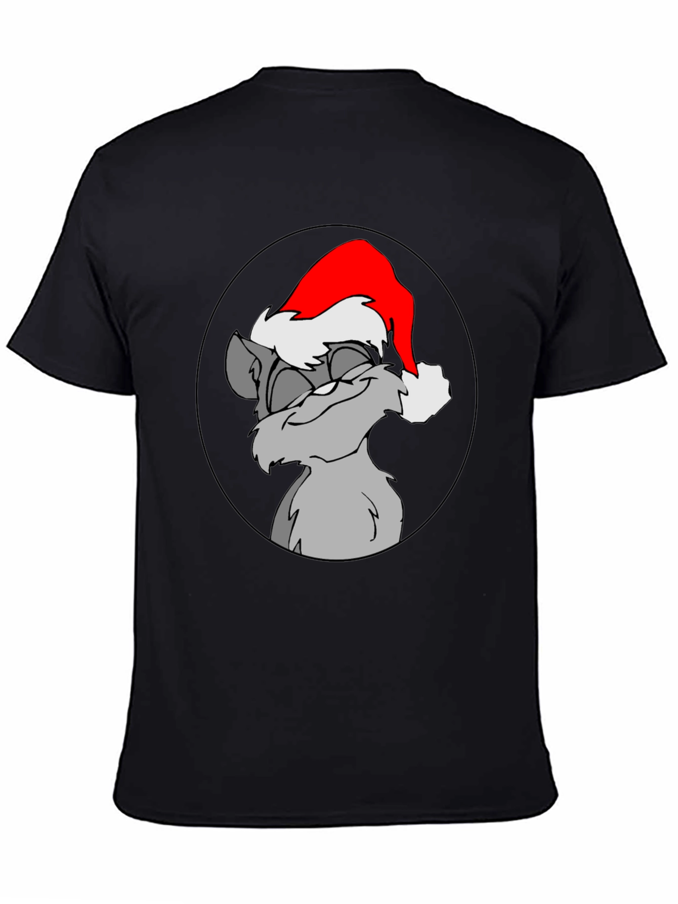 Festive Cartoon Cat Graphic Tee - Black