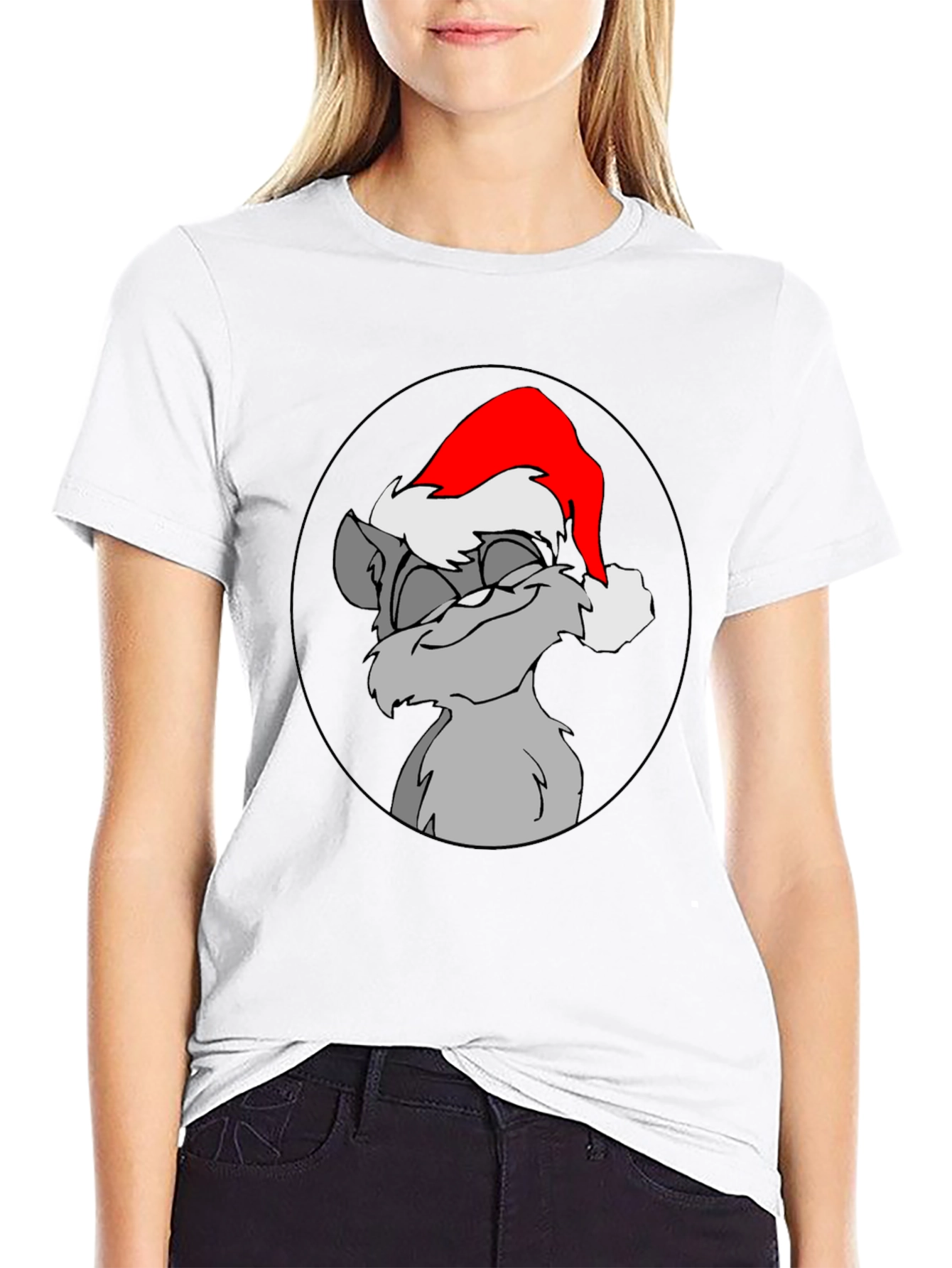 Festive Cartoon Cat Graphic Tee - Black