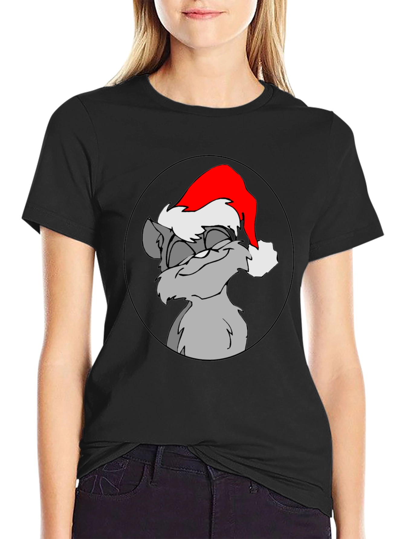 Festive Cartoon Cat Graphic Tee - Black