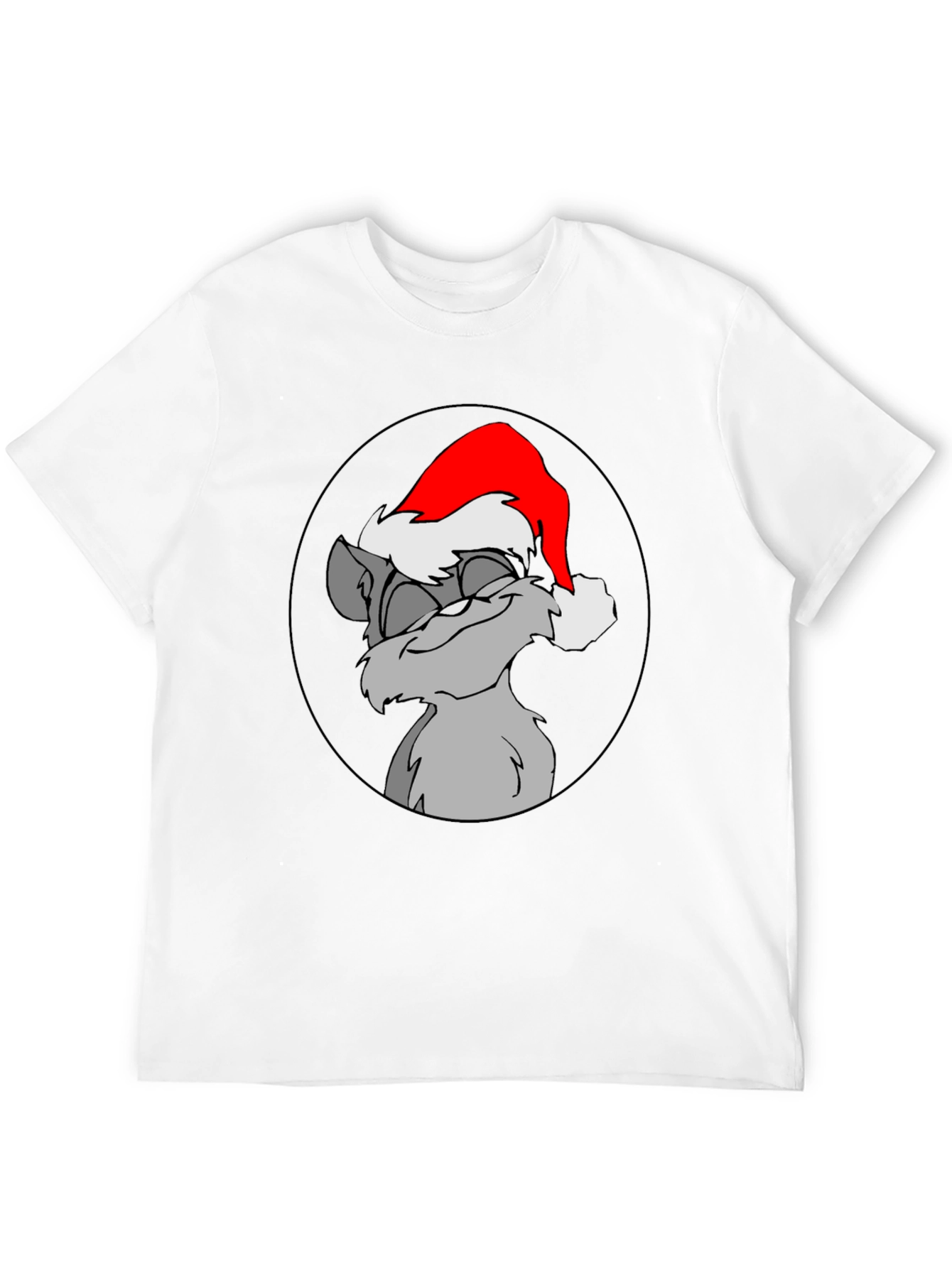 Festive Cartoon Cat Graphic Tee - Black