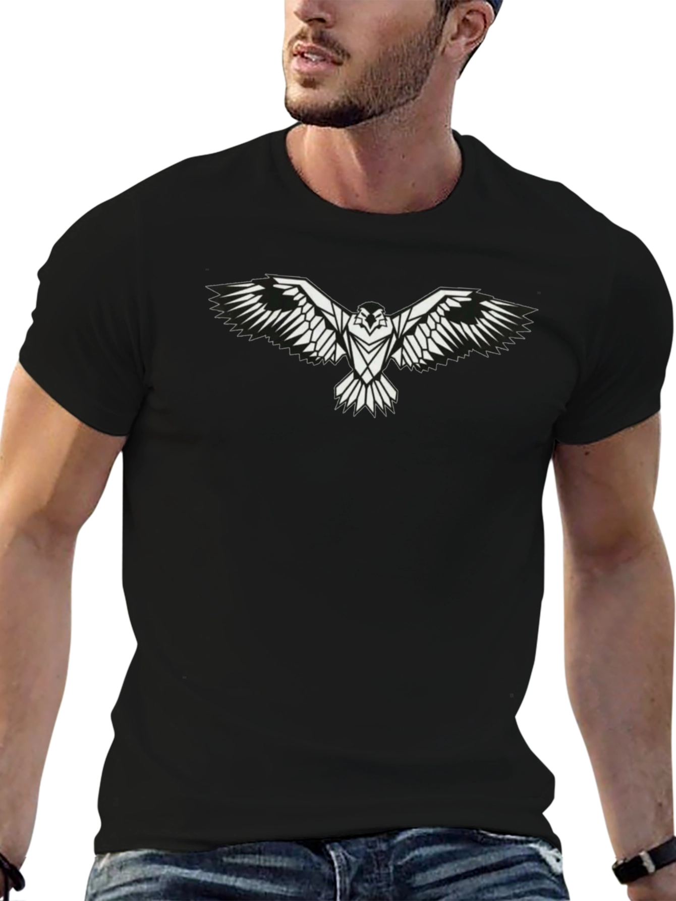 Mens Black T-Shirt with White Eagle Graphic