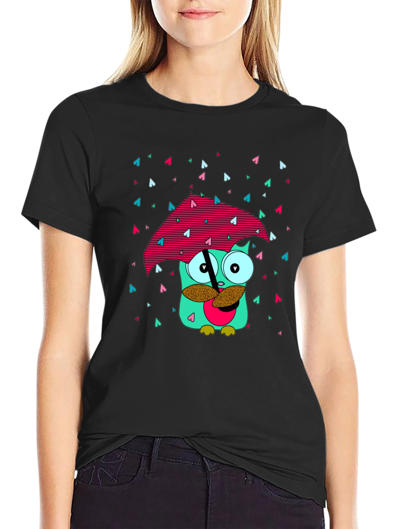 Whimsical Owl T-Shirt - Cartoon Character with Umbrella