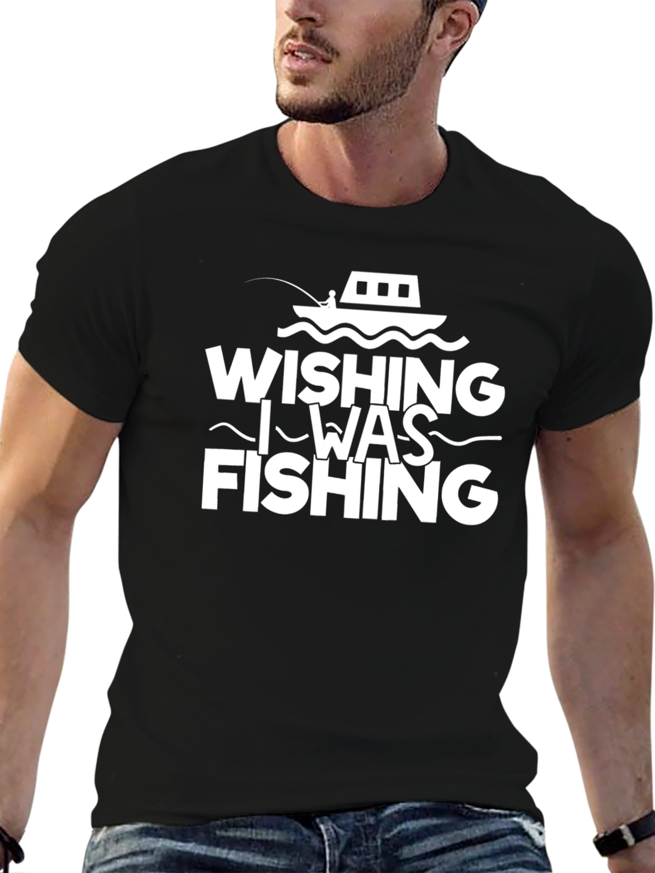 Wishing I Was Fishing Black T-Shirt