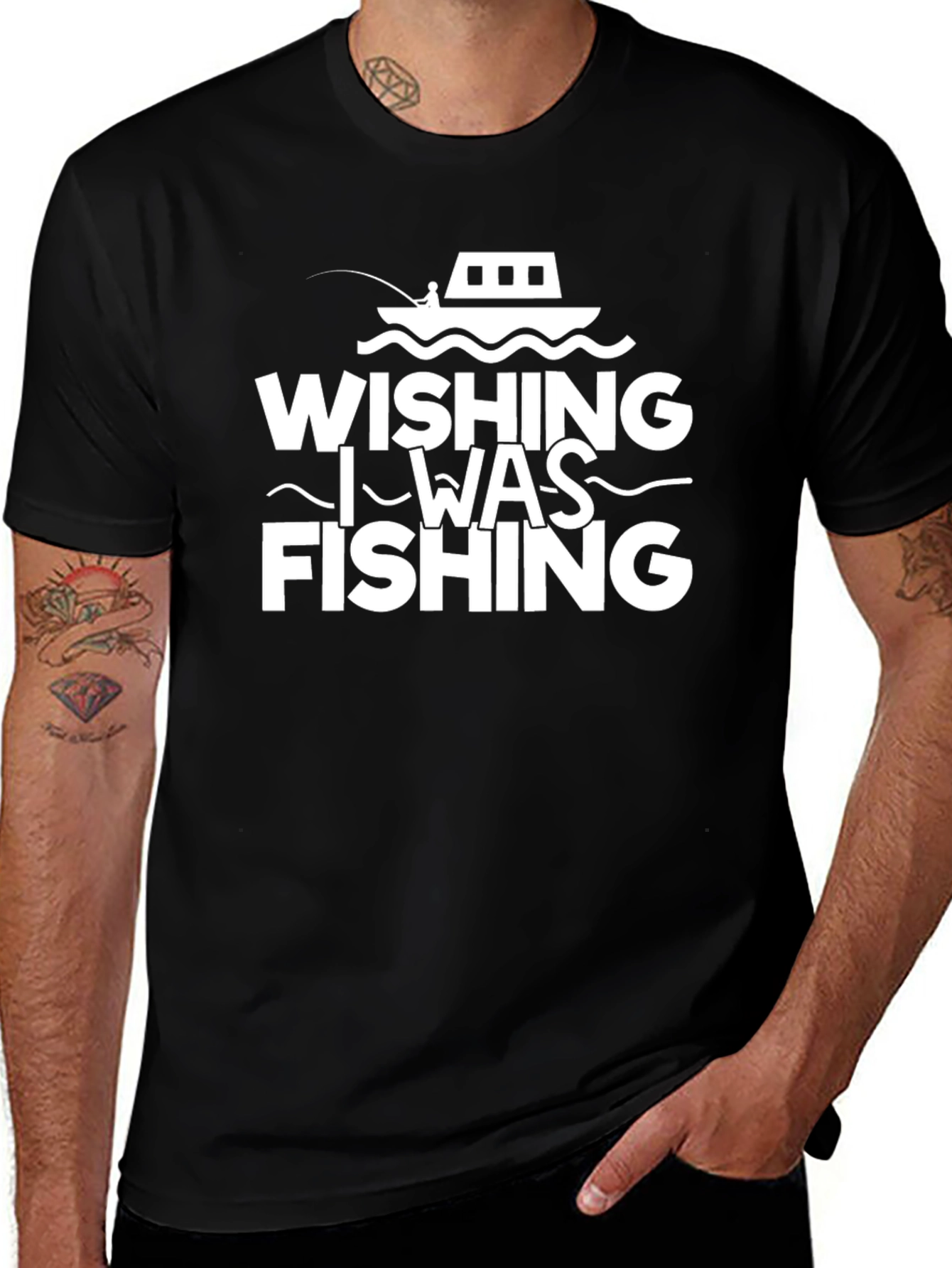 Wishing I Was Fishing Black T-Shirt