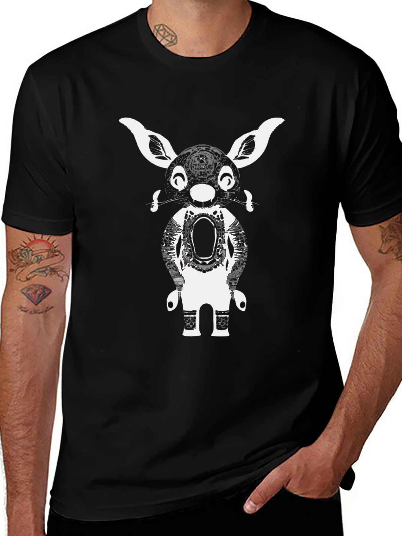 Graphic Tee: Abstract Bunny Robot Black T-Shirt