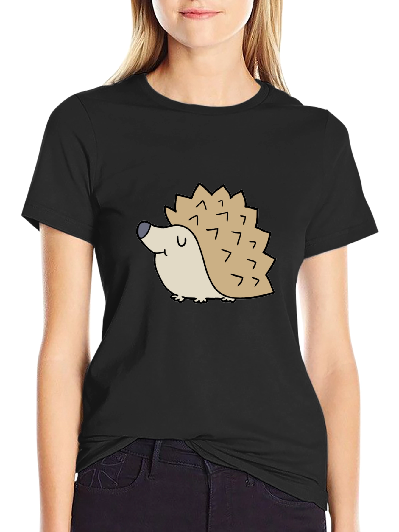 Cute Hedgehog Graphic Tee - Black Cotton T-Shirt