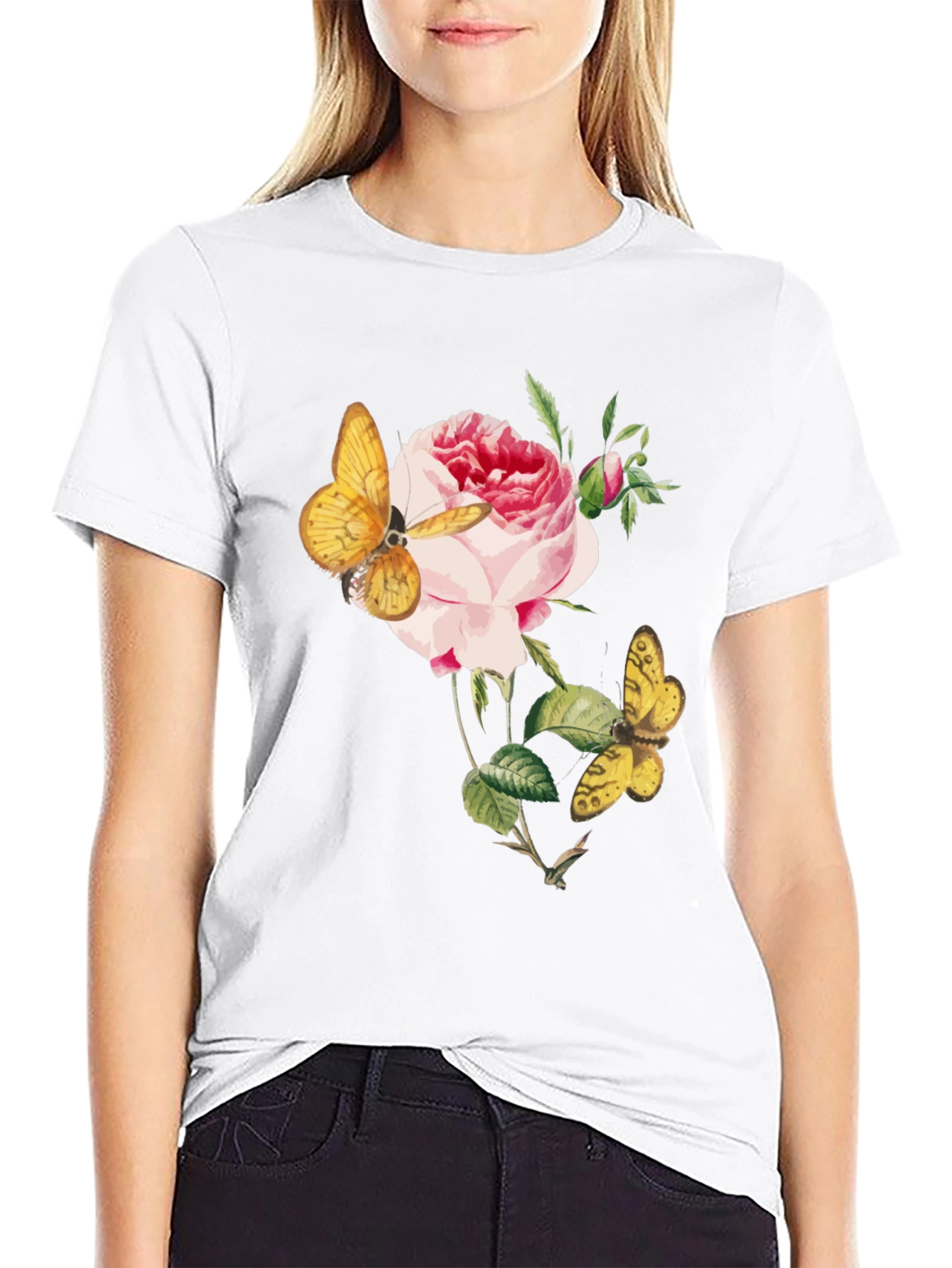 Floral Butterfly Graphic Tee - Soft Black Cotton