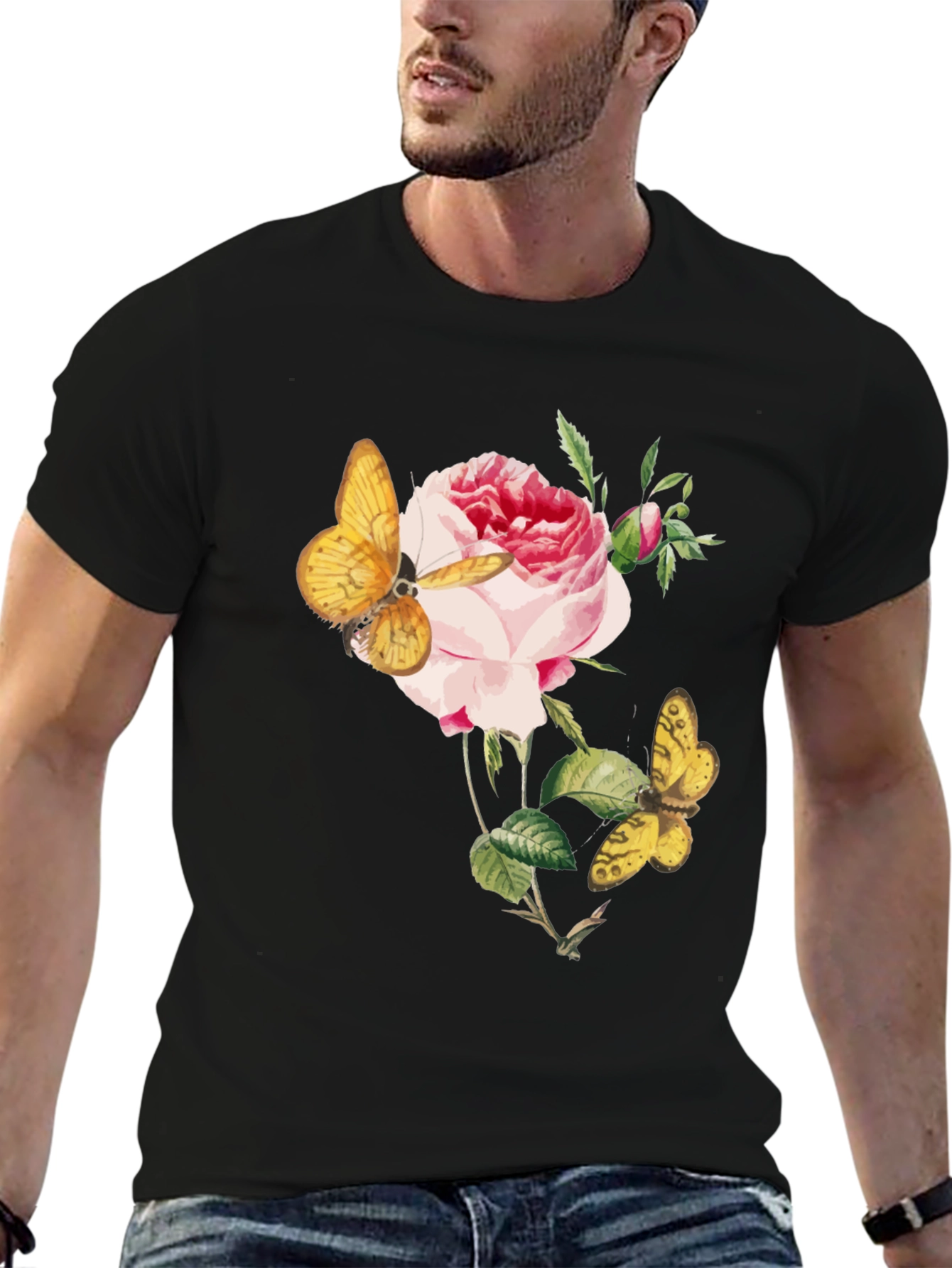 Floral Butterfly Graphic Tee - Soft Black Cotton