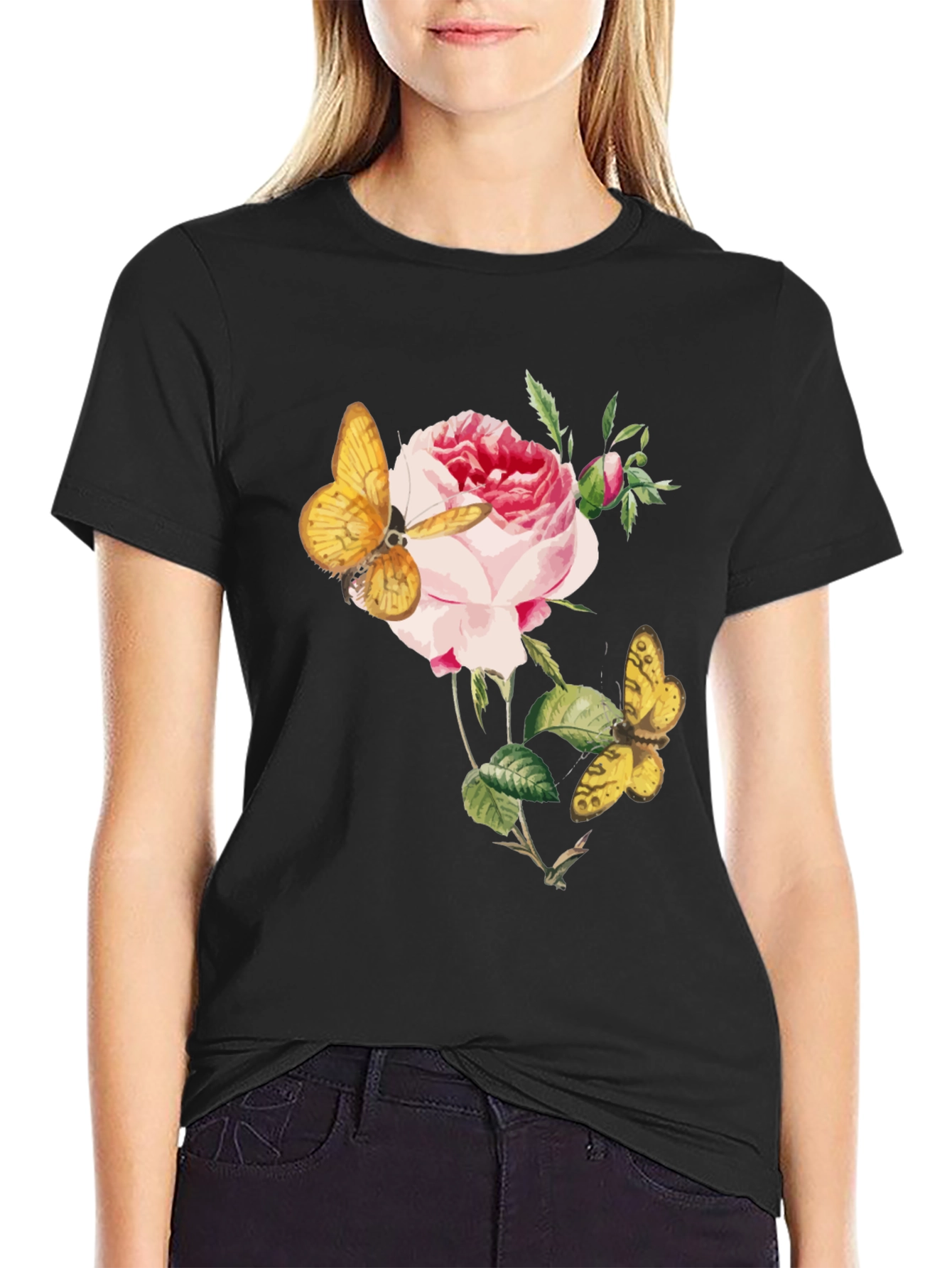 Floral Butterfly Graphic Tee - Soft Black Cotton