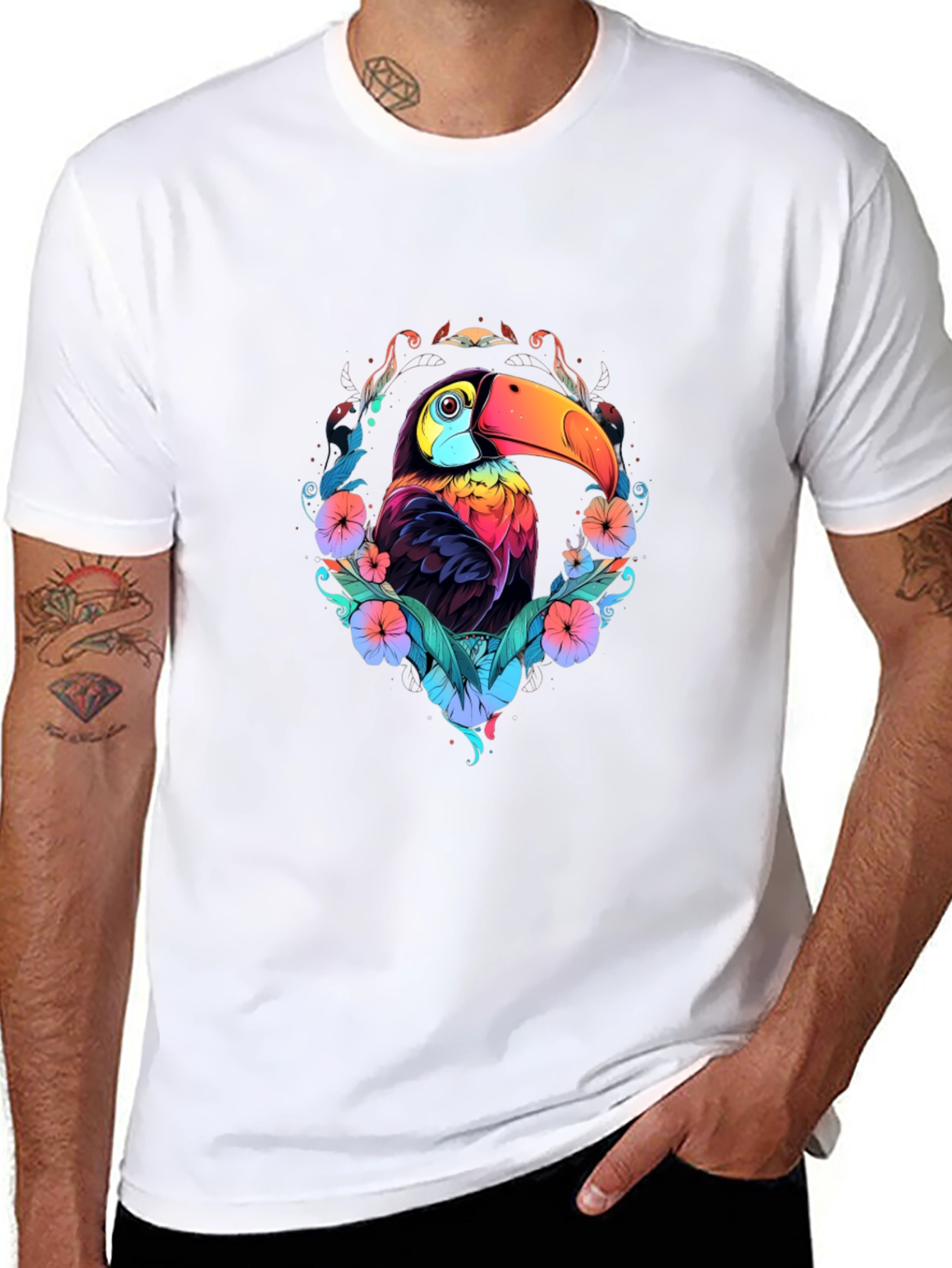 Vibrant Toucan Graphic Black T-Shirt