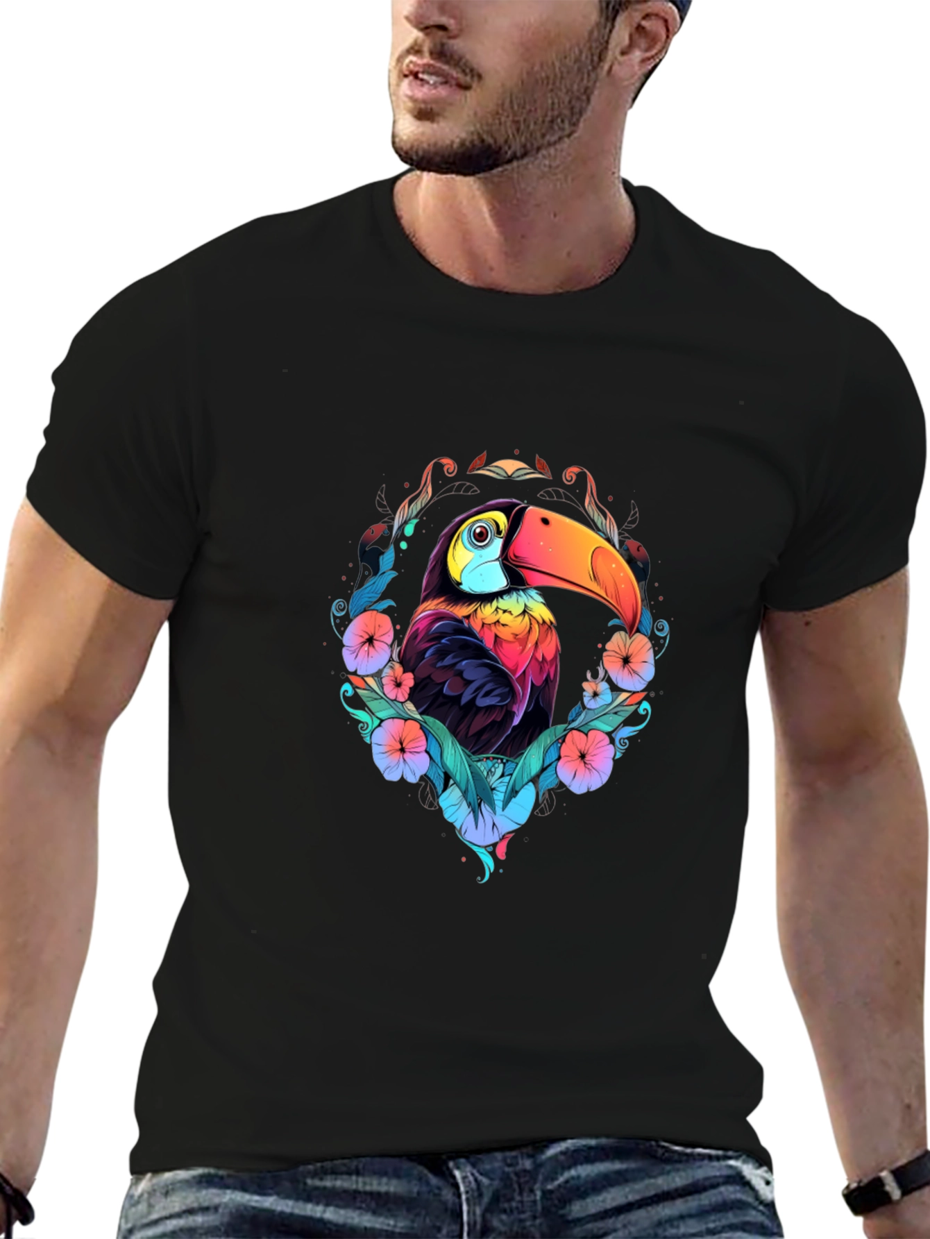 Vibrant Toucan Graphic Black T-Shirt