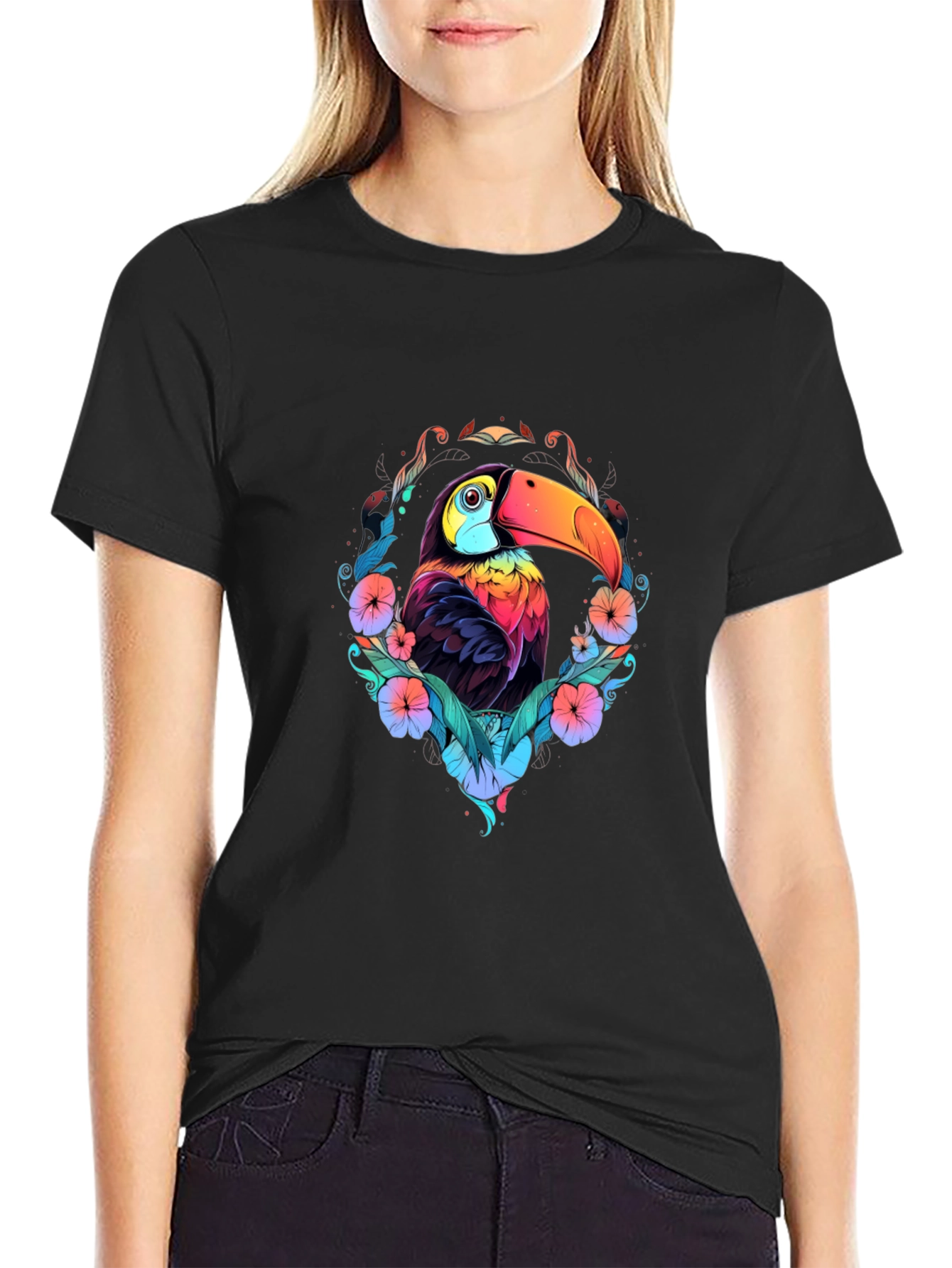 Vibrant Toucan Graphic Black T-Shirt