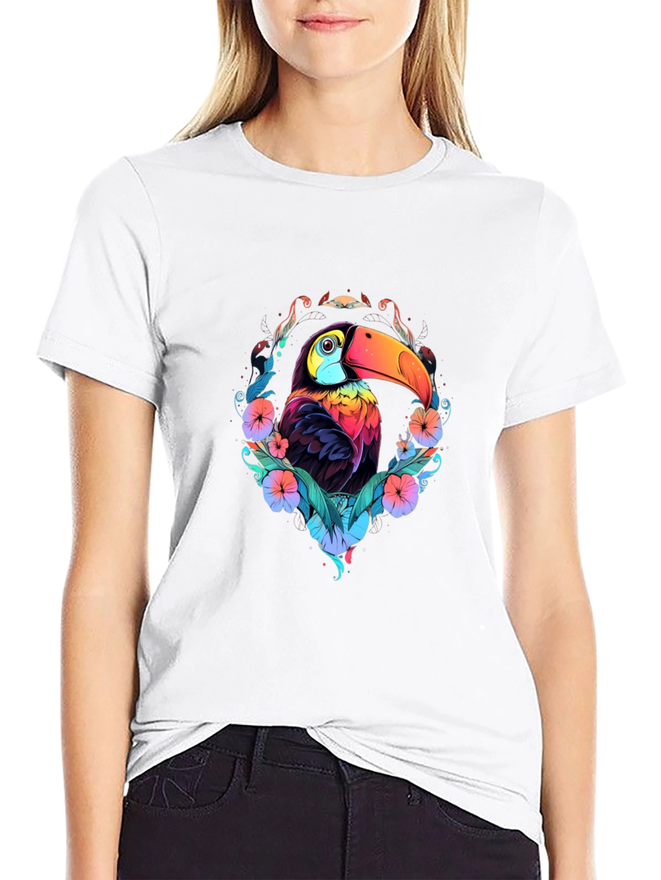 Vibrant Toucan Graphic Black T-Shirt