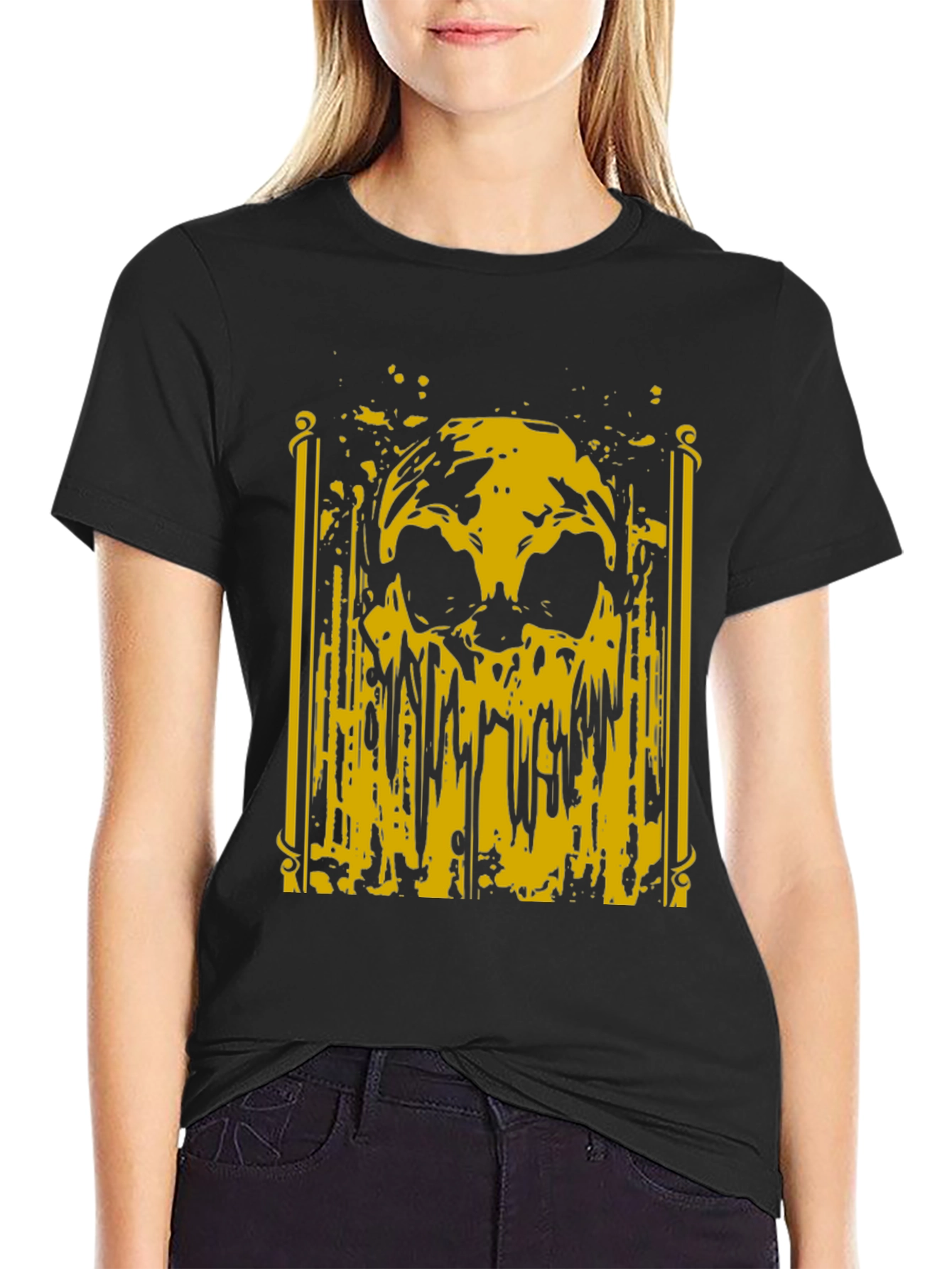 Skull Graphic T-Shirt - Bold Yellow Print on Black