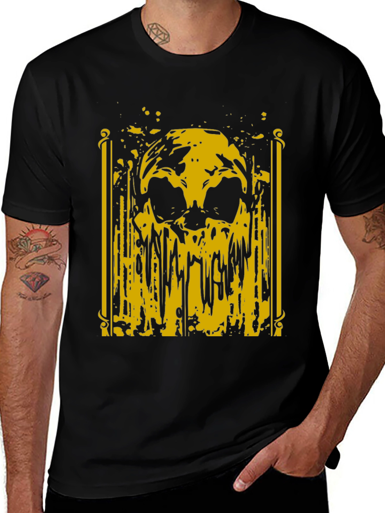 Skull Graphic T-Shirt - Bold Yellow Print on Black