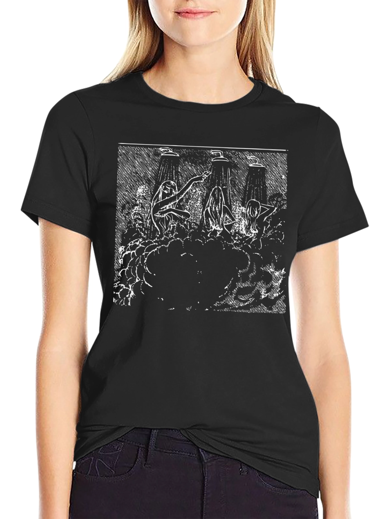 Unique Black T-Shirt with Artistic Shower Scene Graphic