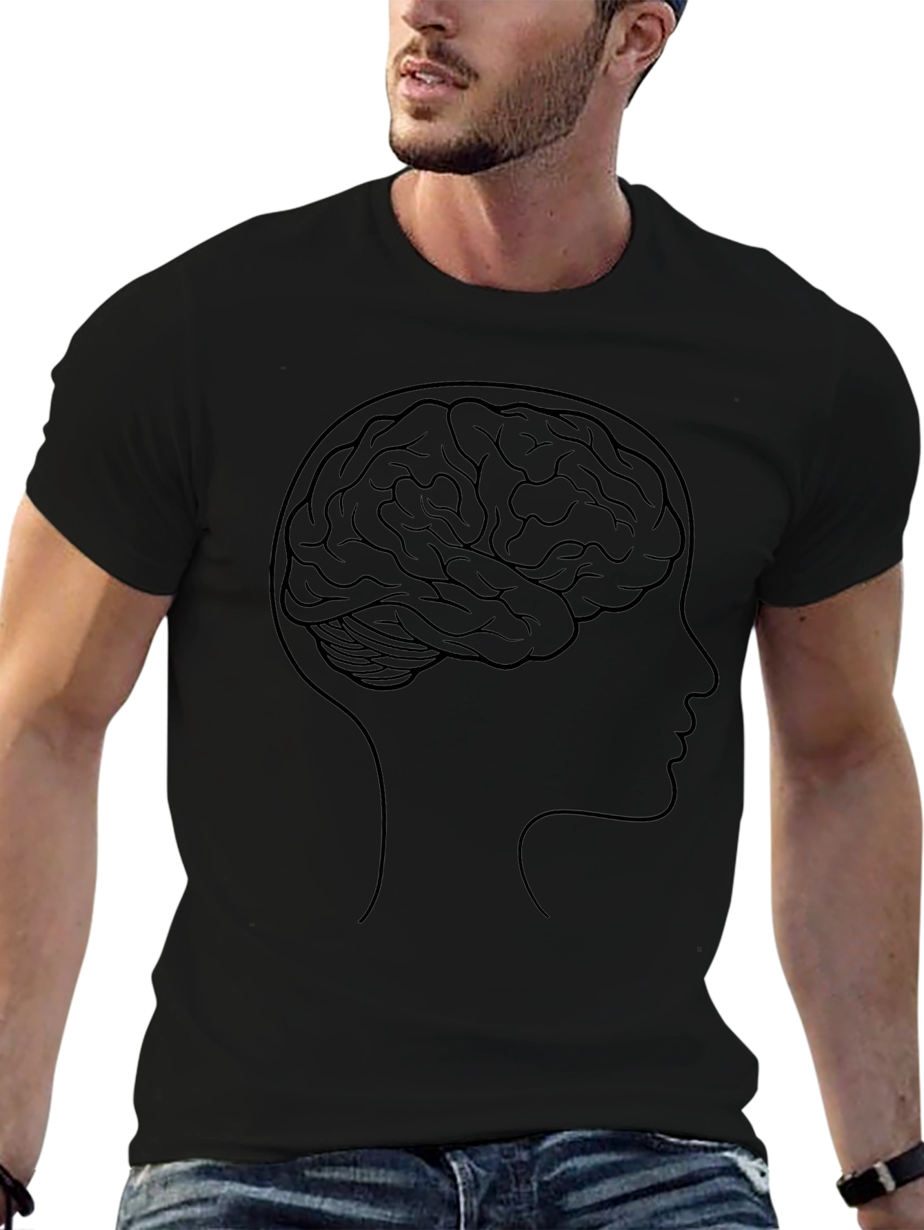 Brain Silhouette Graphic Tee - Black Cotton T-Shirt