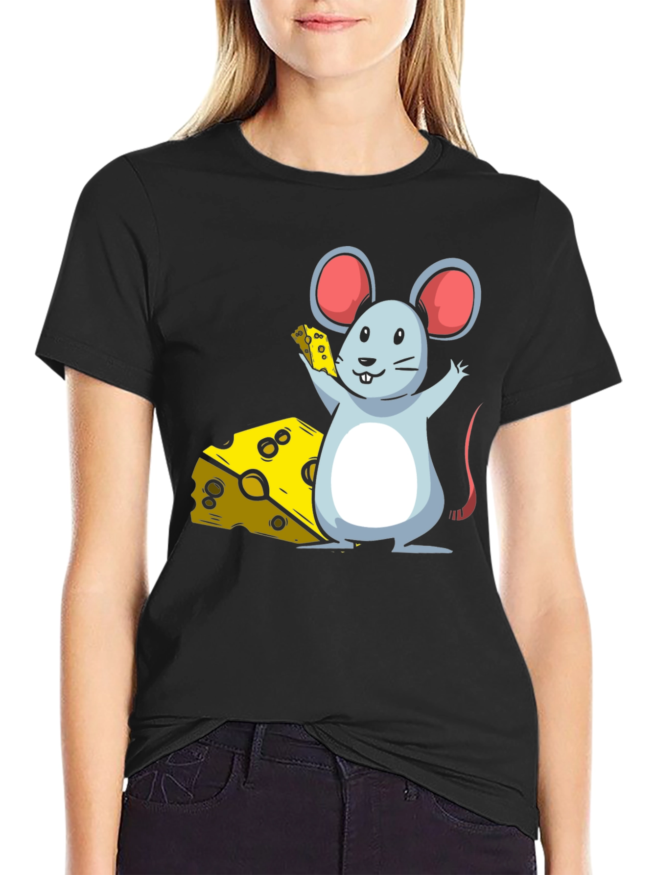 Cartoon Mouse & Cheese Graphic T-Shirt