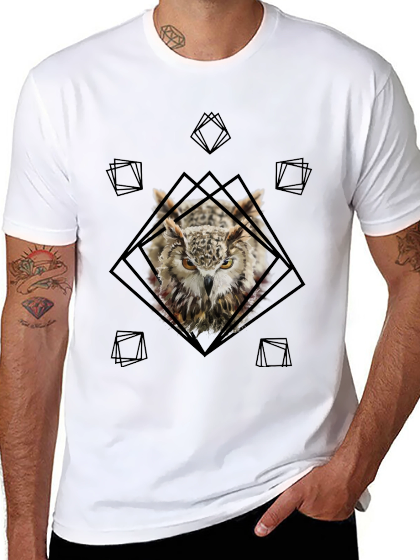 Owl Graphic Tee - Geometric Design Black T-Shirt