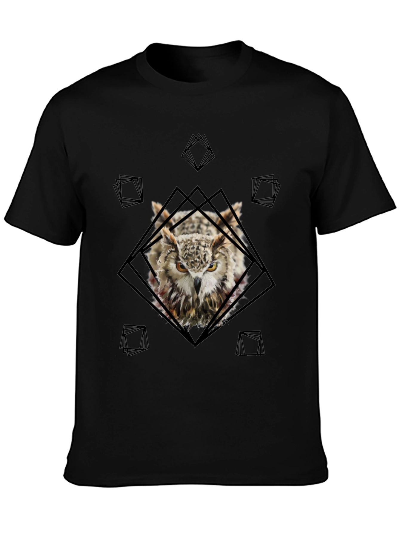 Owl Graphic Tee - Geometric Design Black T-Shirt
