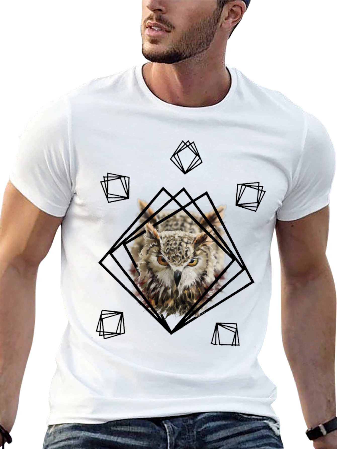 Owl Graphic Tee - Geometric Design Black T-Shirt