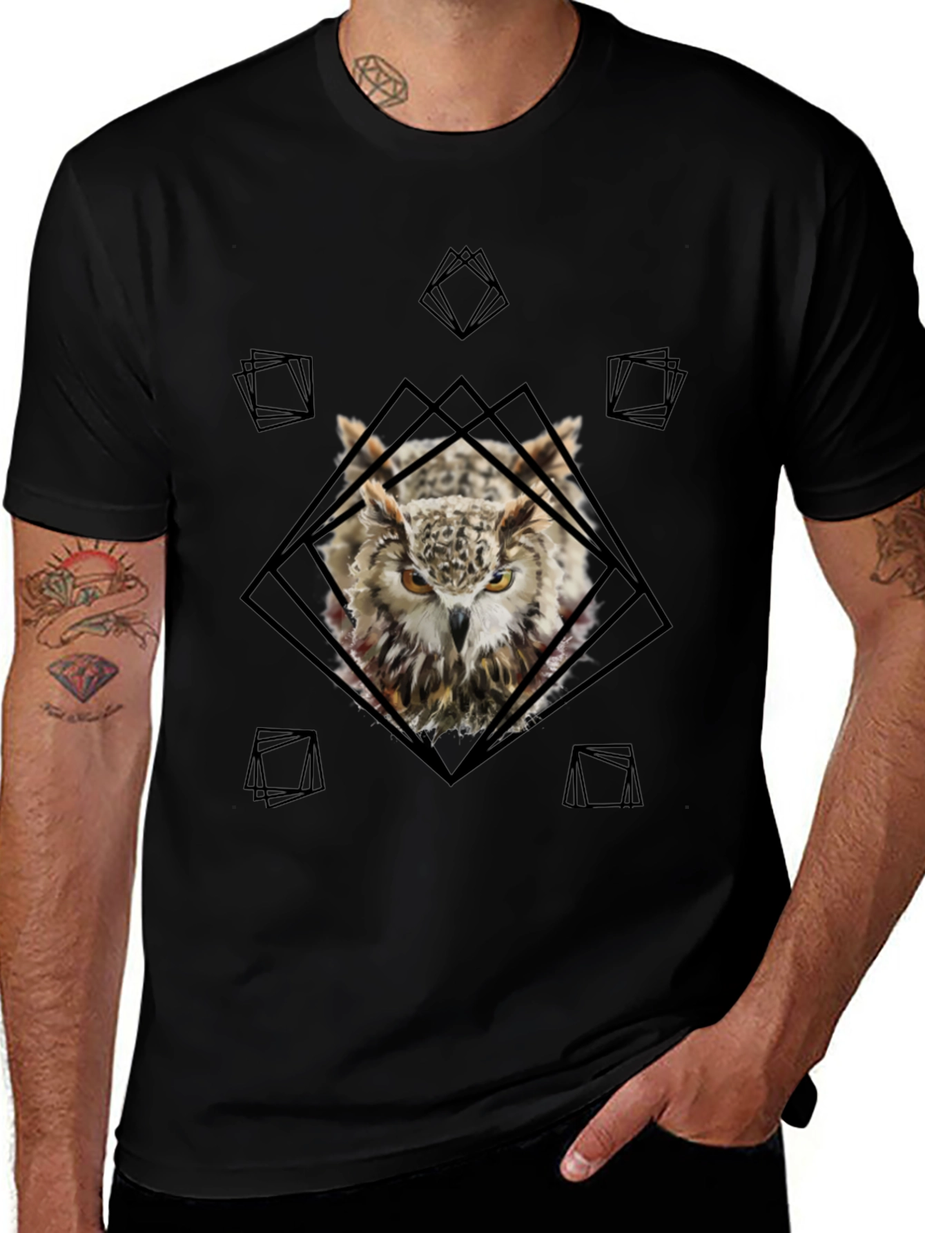 Owl Graphic Tee - Geometric Design Black T-Shirt