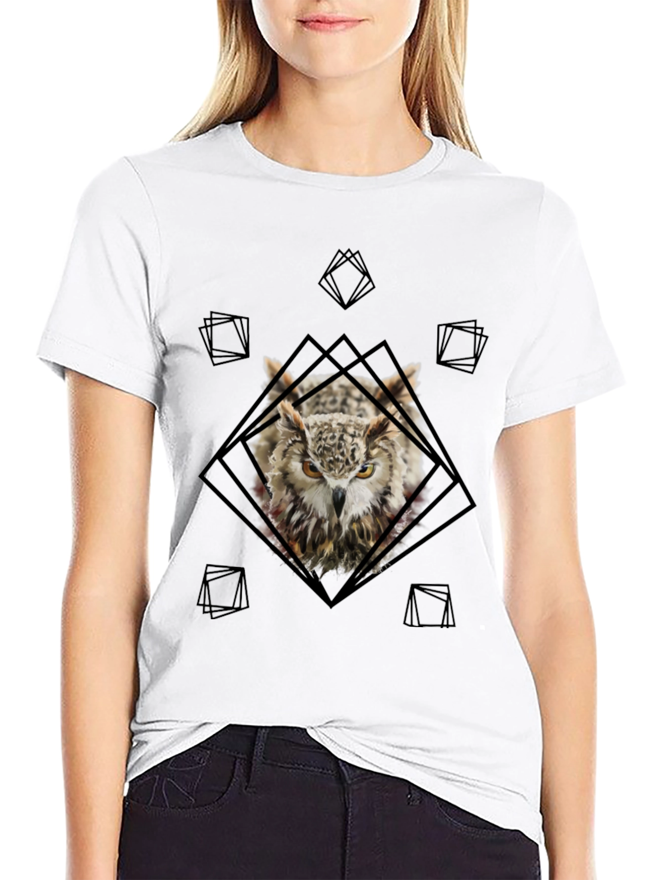 Owl Graphic Tee - Geometric Design Black T-Shirt