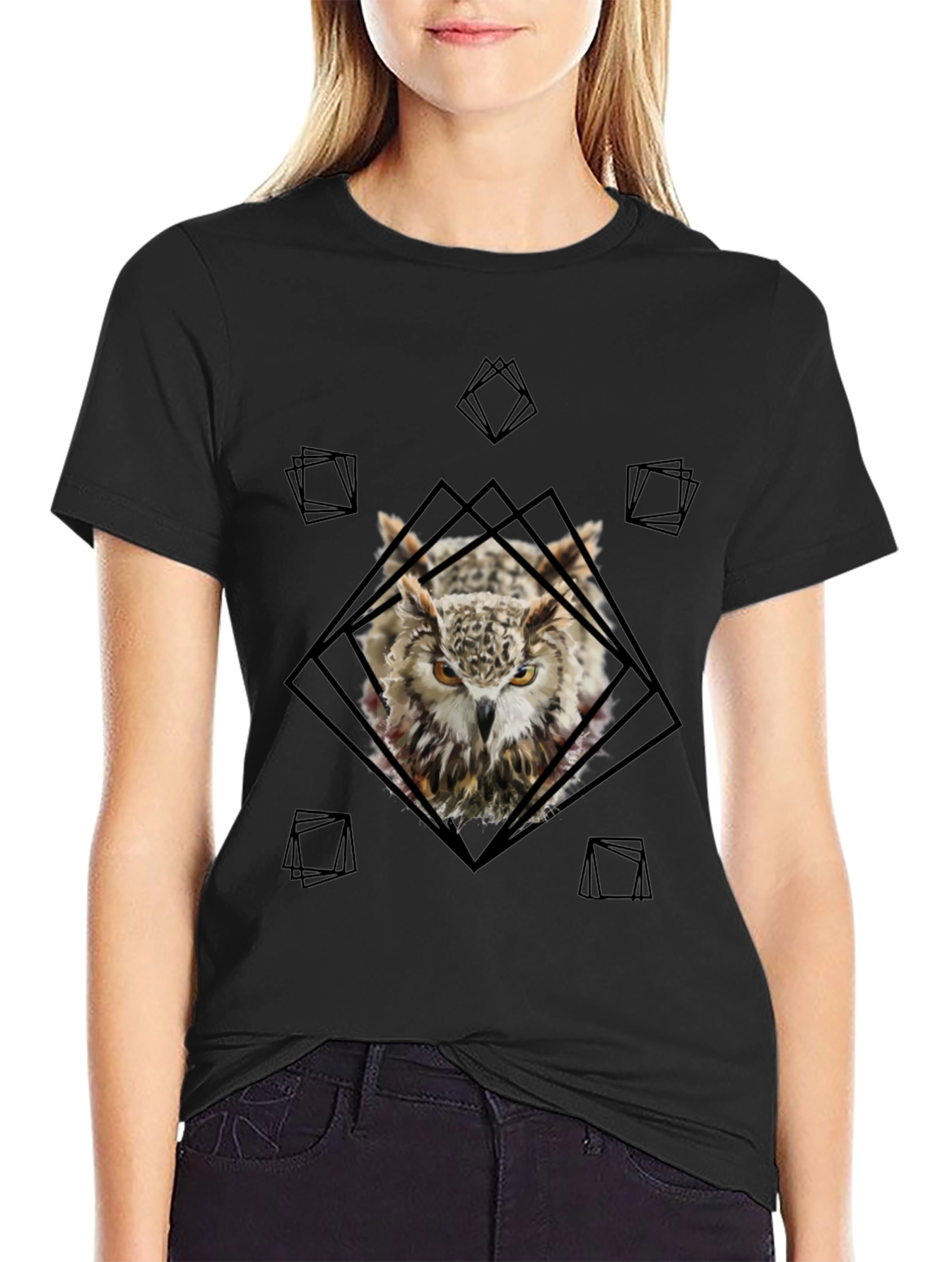 Owl Graphic Tee - Geometric Design Black T-Shirt