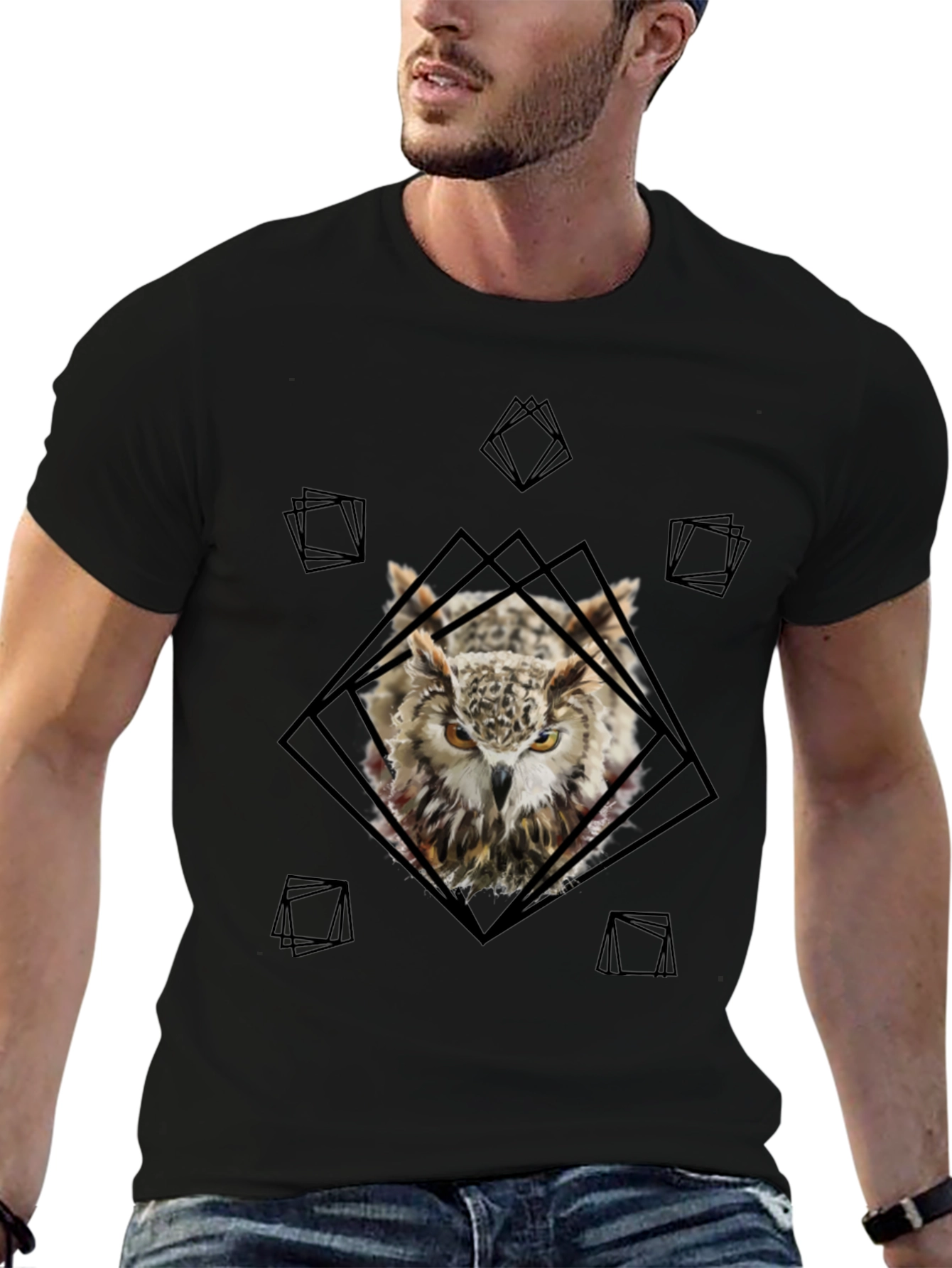 Owl Graphic Tee - Geometric Design Black T-Shirt