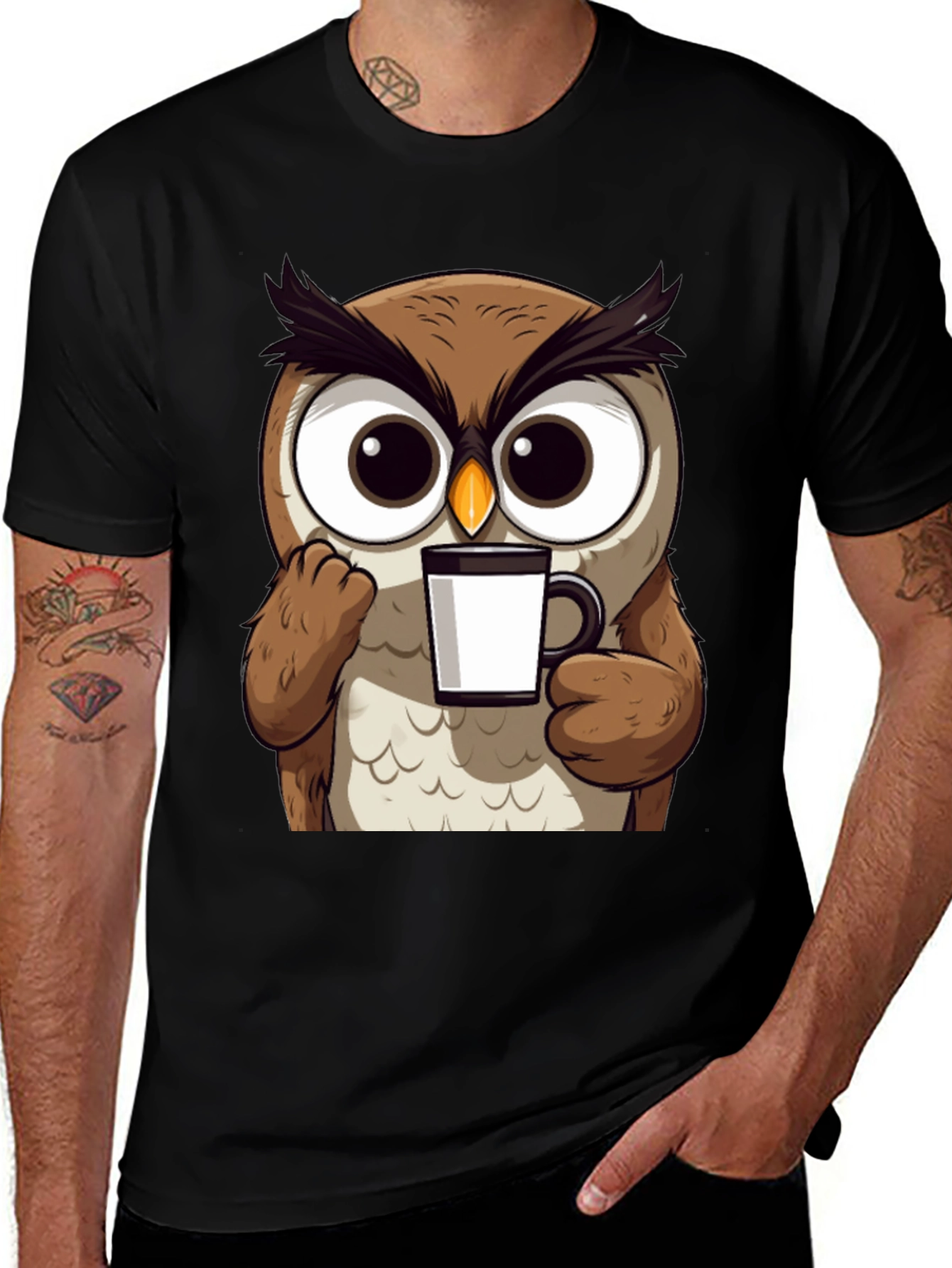 Owl Coffee T-Shirt - Cute Cartoon Bird Tee