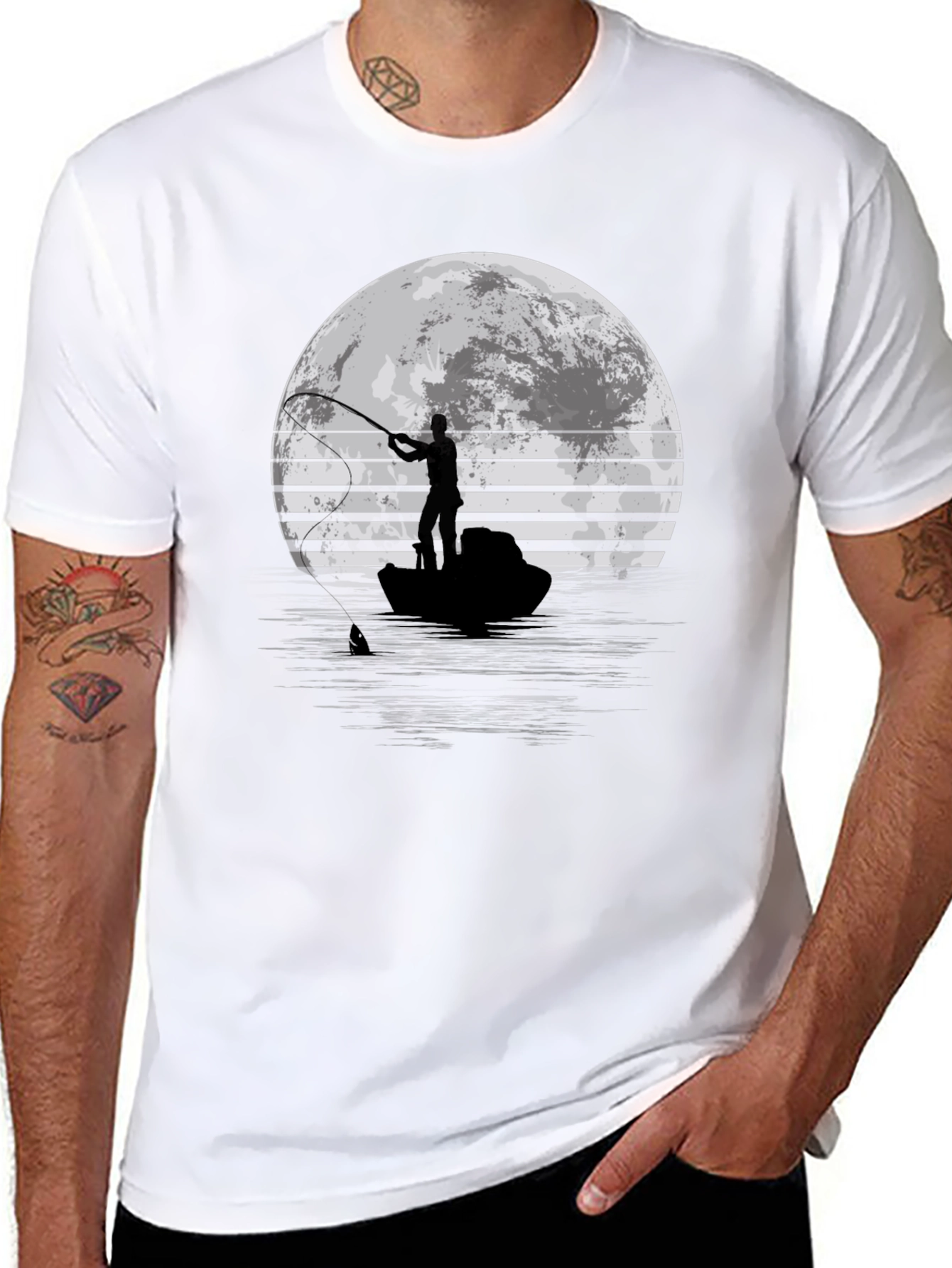 Fisherman Moon Graphic T-Shirt - Black