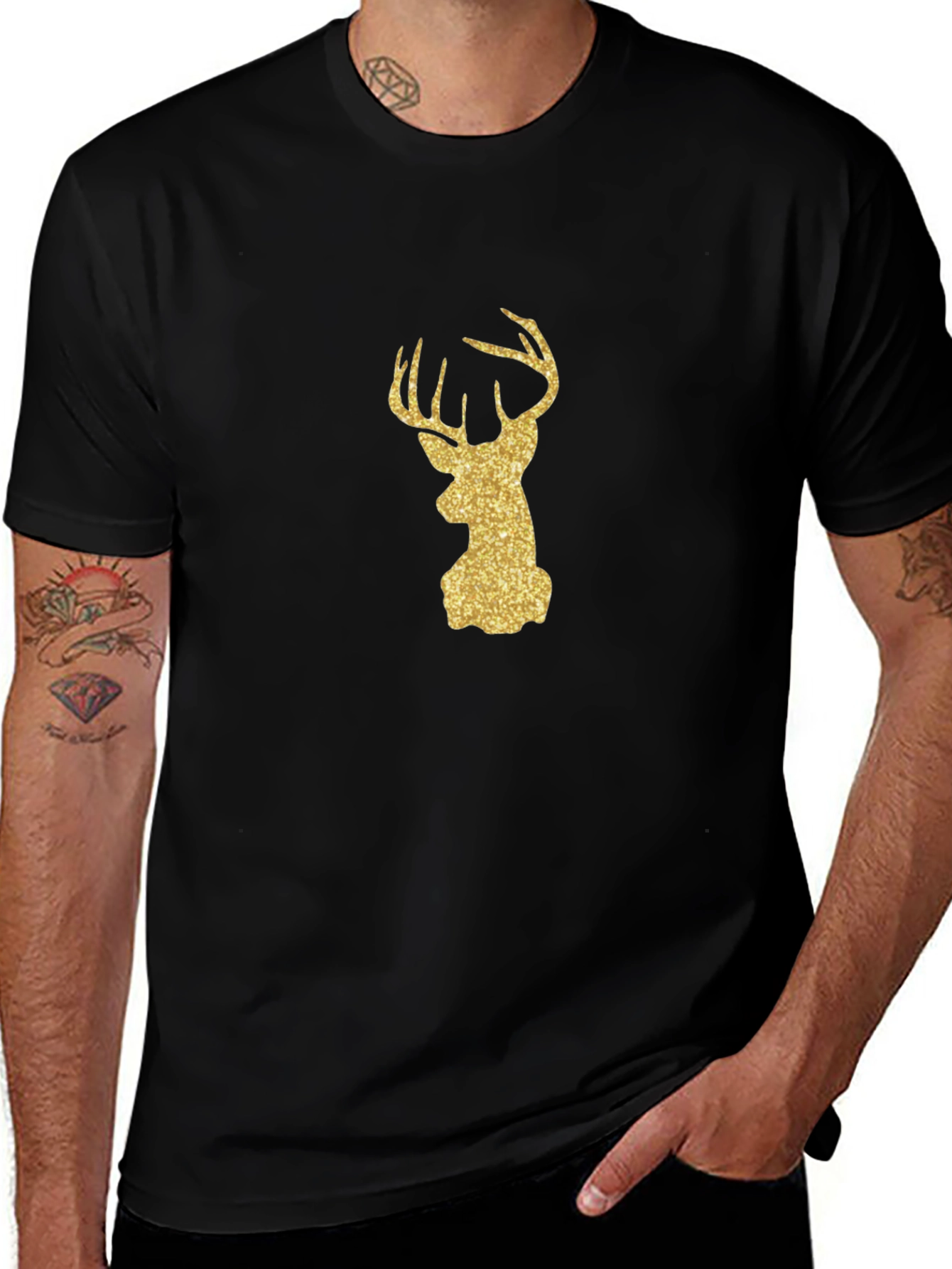 Gold Glitter Deer Head Black Tee