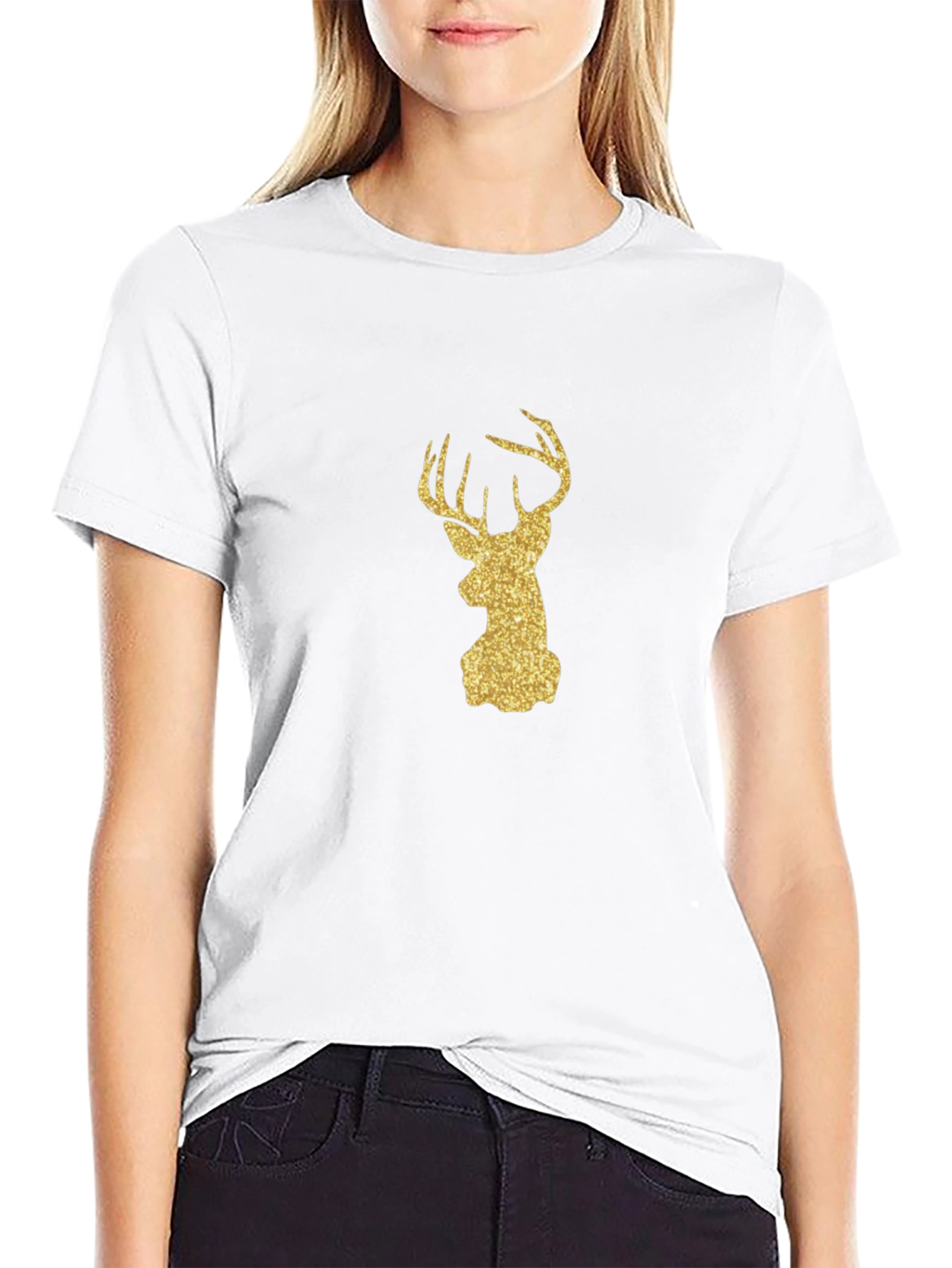 Gold Glitter Deer Head Black Tee