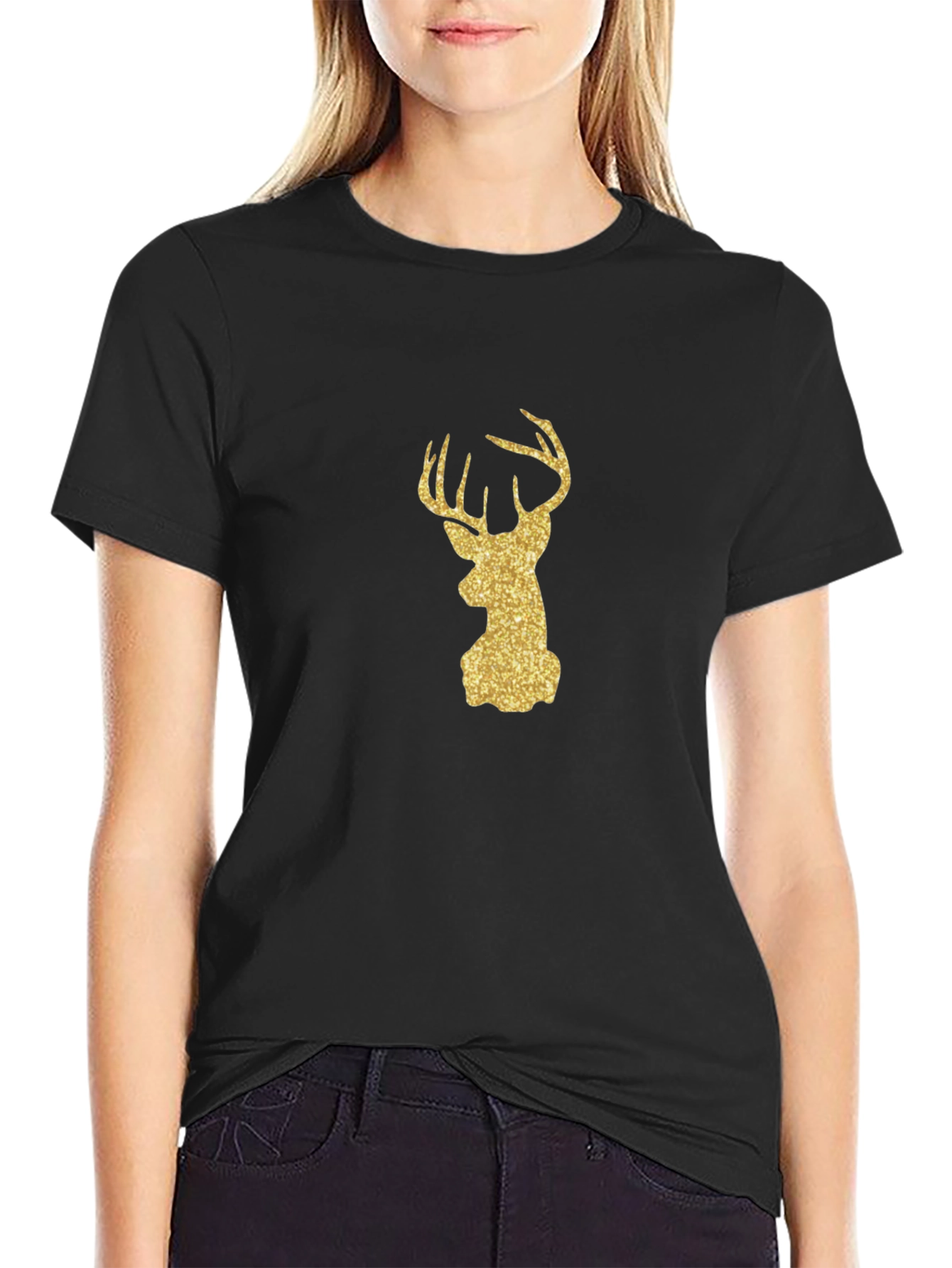 Gold Glitter Deer Head Black Tee