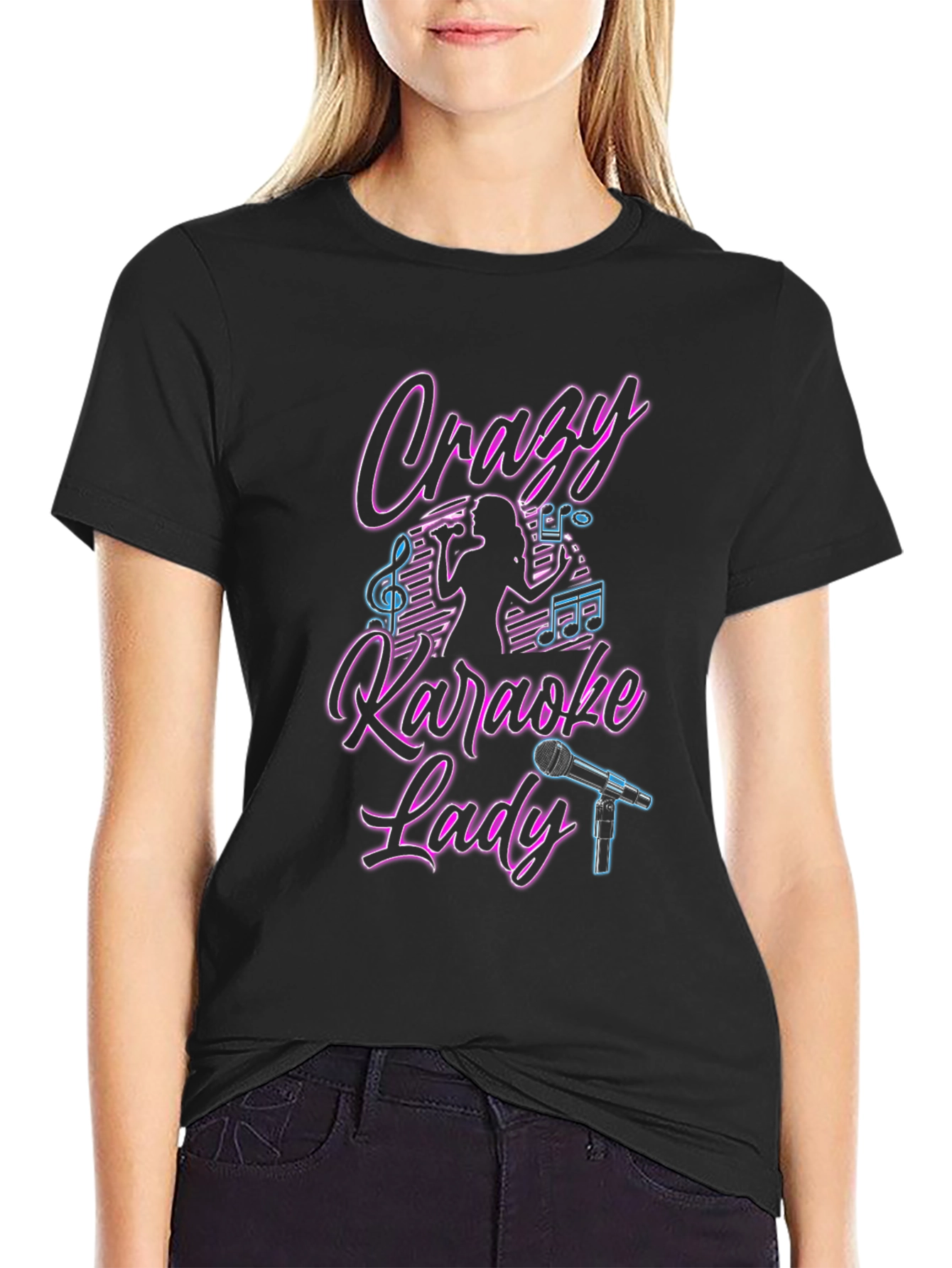 Crazy Karaoke Lady Black T-Shirt