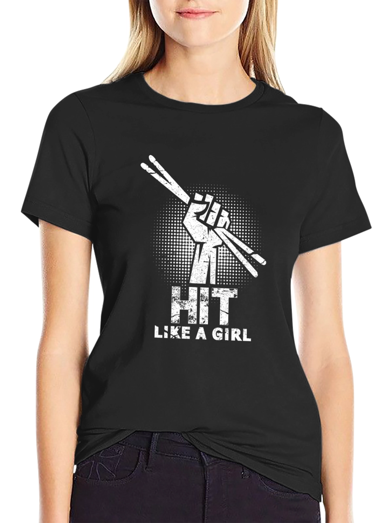 Hit Like a Girl Black T-Shirt Drummer Tee